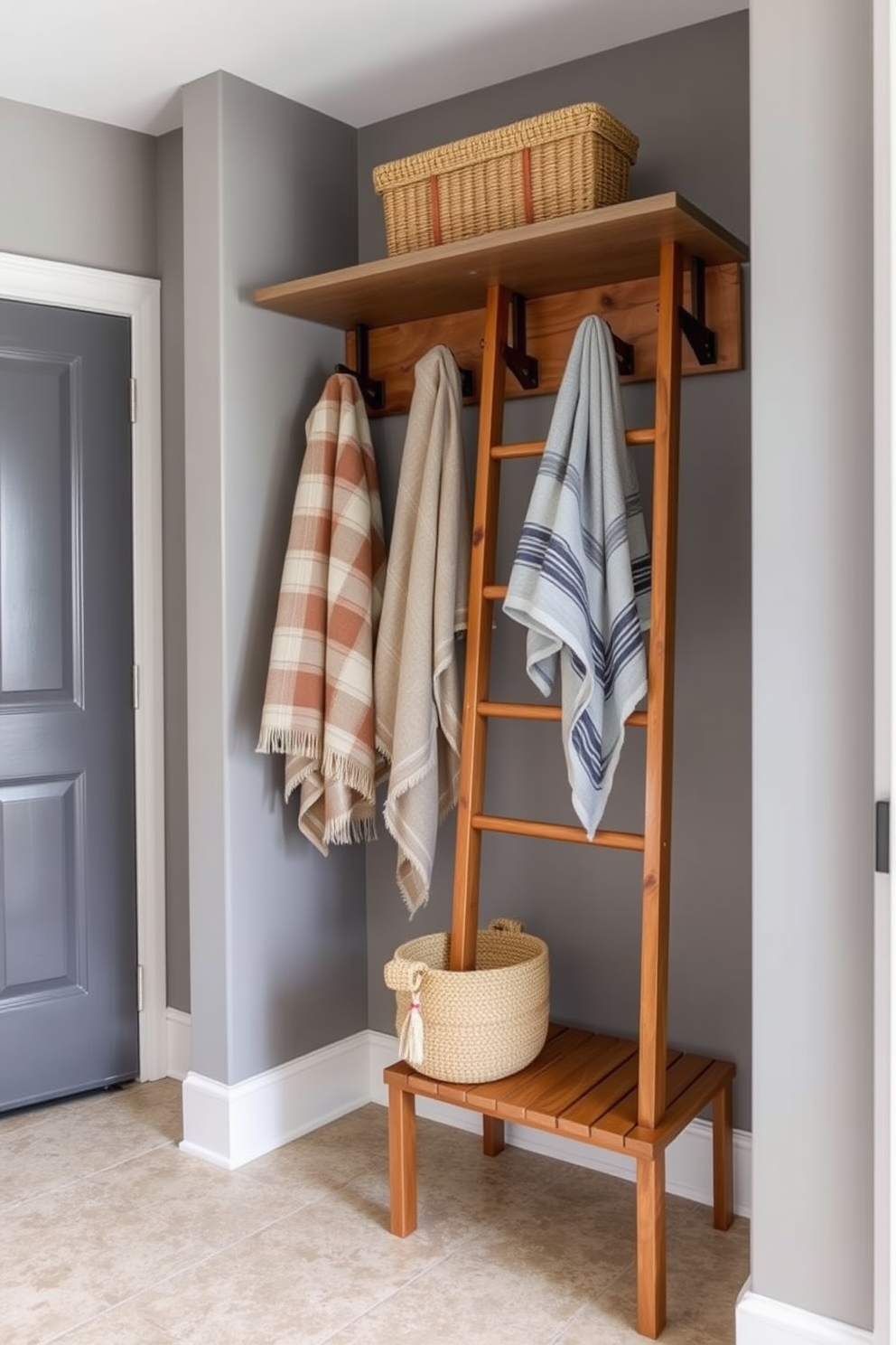 A functional mudroom with a wooden ladder for hanging blankets and towels. The walls are painted in a soft gray, and the floor is covered with durable, textured tiles.