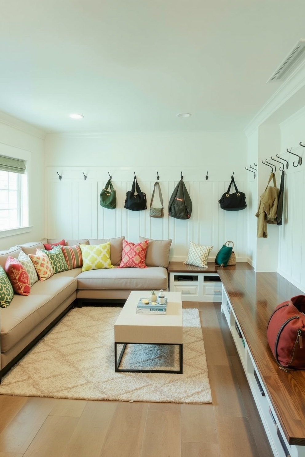 A cozy seating area designed for comfort features a plush sectional sofa adorned with an array of colorful cushions. A soft area rug lies beneath the coffee table, creating an inviting atmosphere for relaxation and conversation. The mudroom design emphasizes simplicity and functionality with built-in benches for seating and storage. Hooks line the walls for hanging coats and bags, while a durable floor material withstands the wear and tear of daily use.