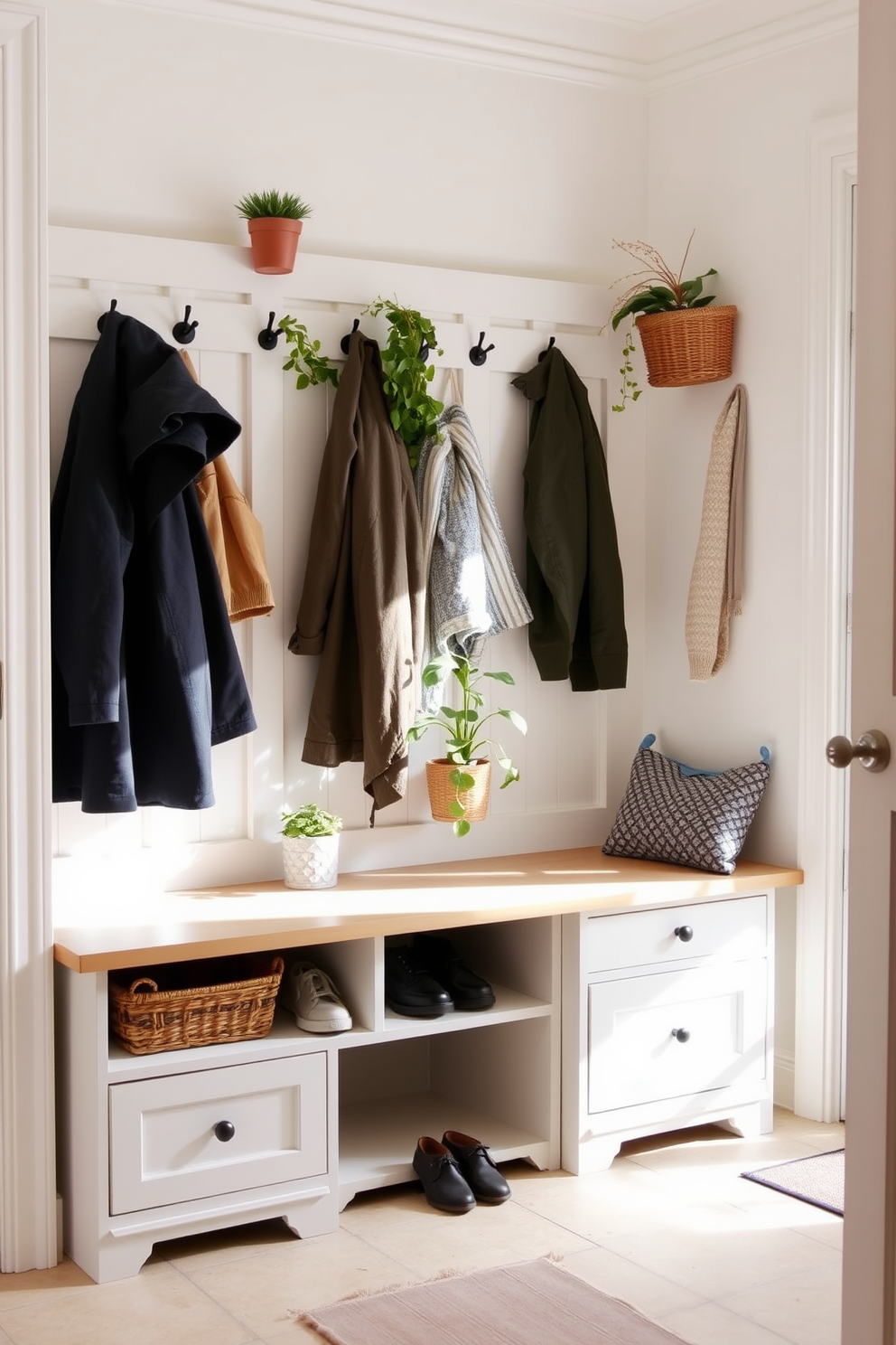 A mudroom featuring a built-in bench with storage underneath and hooks for coats on the walls. Potted plants are placed on the bench and in the corners to add a touch of nature and warmth to the space. Light-colored walls create a bright and airy feel while the floor is covered with durable tile for easy cleaning. A woven basket sits beside the bench for shoes, enhancing the organized and inviting atmosphere.