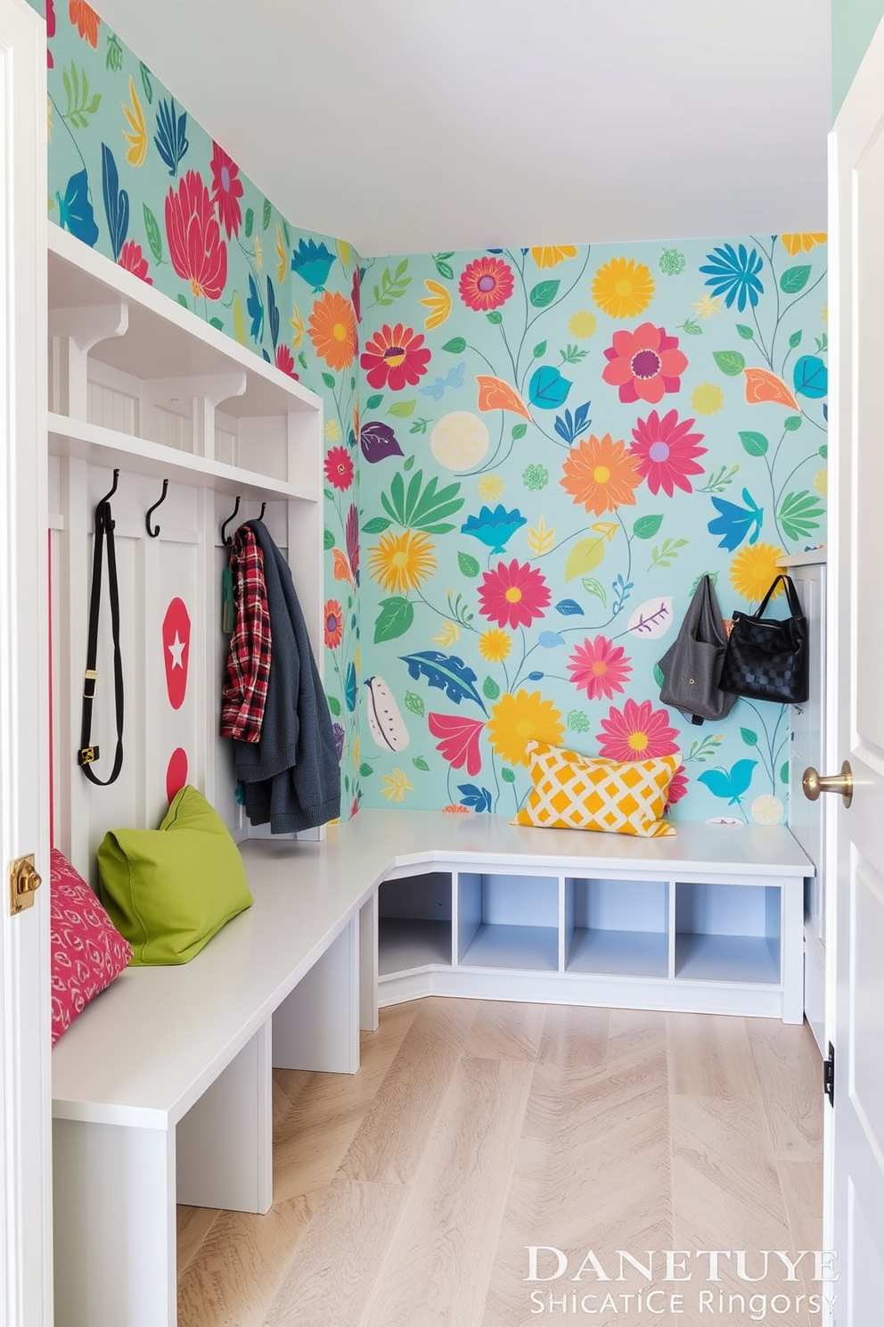 Colorful wallpaper featuring whimsical patterns and bright hues creates a vibrant and playful atmosphere. The design includes elements like oversized floral prints and geometric shapes that bring energy to the space. A simple mudroom design features built-in storage benches and hooks for coats and bags. The flooring is durable and easy to clean, while soft lighting enhances the welcoming feel of the area.