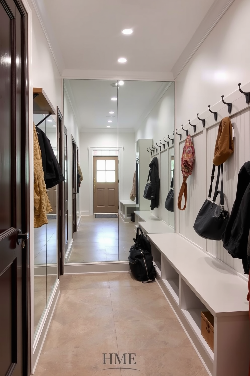 A mudroom featuring a mirrored wall creates a spacious and airy atmosphere. The design includes built-in benches with storage underneath and hooks for hanging coats and bags. The flooring is a durable tile that can withstand heavy traffic, while the walls are painted in a light neutral color. Accent lighting illuminates the space, enhancing the functionality and aesthetic appeal.