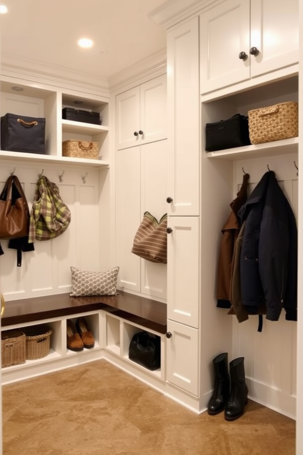 A functional mudroom featuring a dedicated pet washing station. The space includes a built-in bench with storage underneath and hooks for coats, while the pet washing area is equipped with a handheld shower and easy-to-clean tiles.