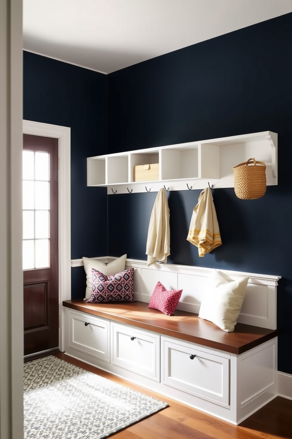 A cozy mudroom features a built-in bench with soft cushions and hooks for hanging coats and bags. The walls are painted in a light gray tone, complemented by a durable, patterned area rug that adds warmth and style. Artwork is displayed on the walls, showcasing vibrant colors and unique designs that reflect personal taste. A small shelf holds decorative items and plants, enhancing the inviting atmosphere of the space.