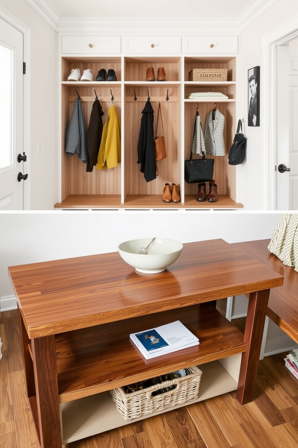 An elegant entryway table designed for keys and mail. The table features a sleek wooden surface with a decorative bowl for keys and a small basket for mail underneath. A functional mudroom design that emphasizes simplicity and organization. It includes built-in benches for seating, hooks for coats, and open shelving for easy access to shoes and bags.