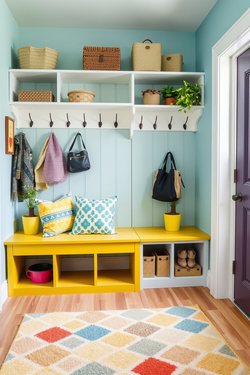 A bright and cheerful mudroom features a vibrant yellow bench with colorful throw pillows. The walls are painted in a light blue hue, and a playful area rug with geometric patterns adds warmth to the space. Shelving units with an array of hooks are installed for easy access to coats and bags. Potted plants in cheerful pots bring a touch of nature and freshness to the design.