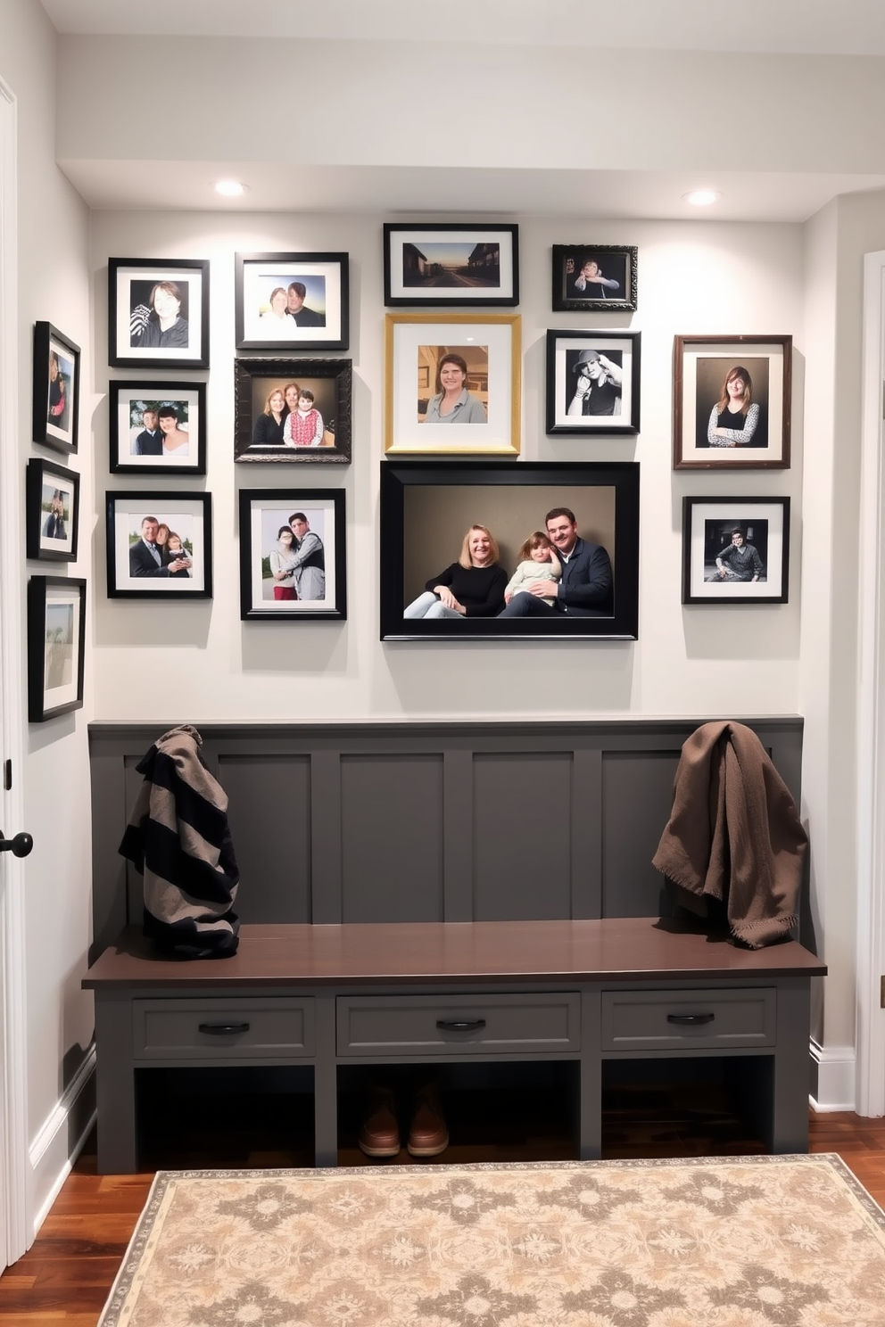 Art display area for family photos. A gallery wall showcases a collection of framed family photographs in various sizes, arranged in a cohesive layout. Soft lighting highlights the artwork, creating a warm and inviting atmosphere. Simple mudroom design ideas. The mudroom features built-in benches with storage cubbies above, providing a functional space for shoes and coats. A durable, patterned rug adds a touch of style while helping to keep the area clean.