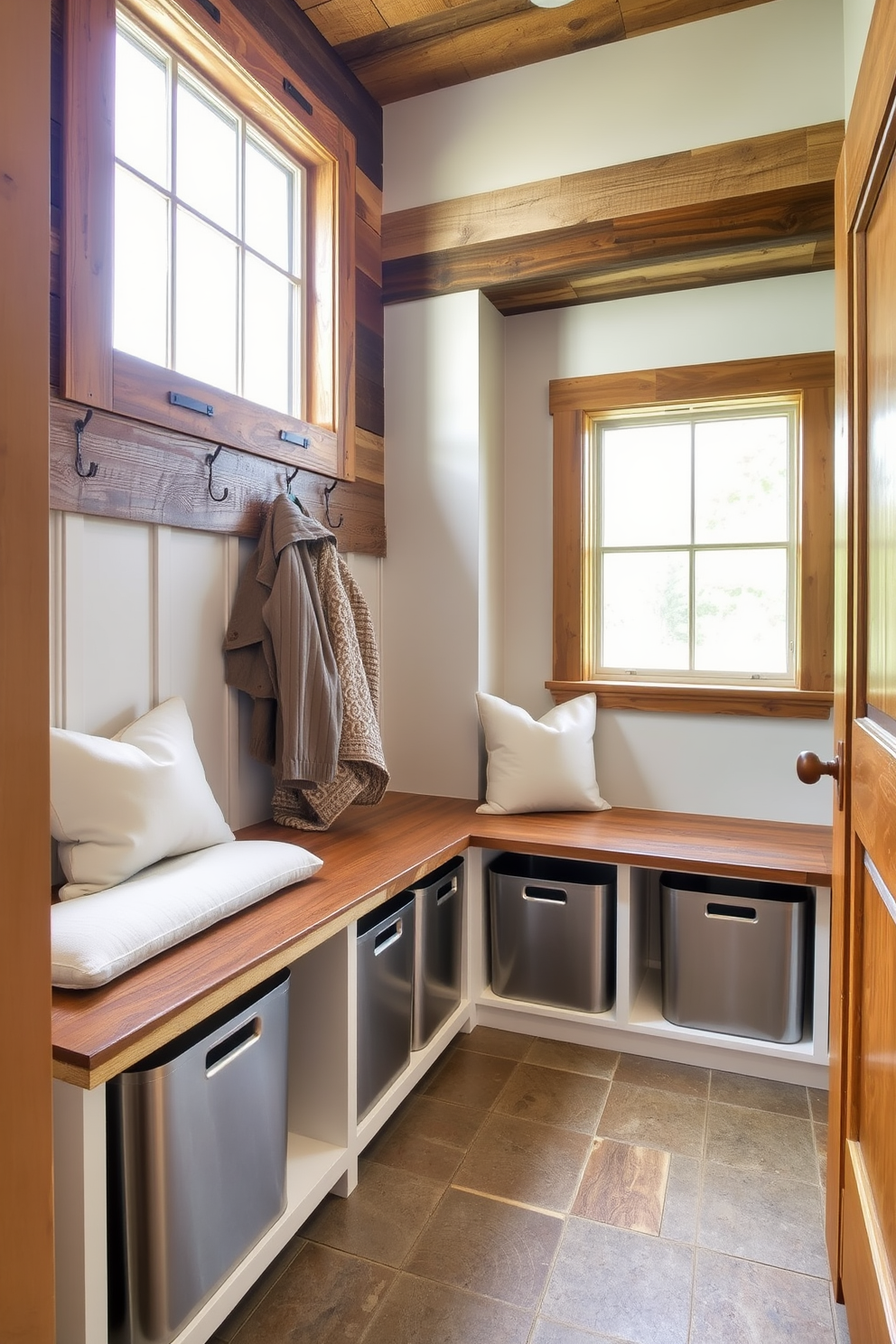 A rustic mudroom featuring reclaimed wood accents and a modern twist. The space includes a built-in bench with plush cushions and hooks for hanging coats, complemented by sleek metal storage bins. Natural light floods the area through a large window, highlighting the warm tones of the wood. The floor is finished with durable, stylish tiles that blend functionality with aesthetic appeal.