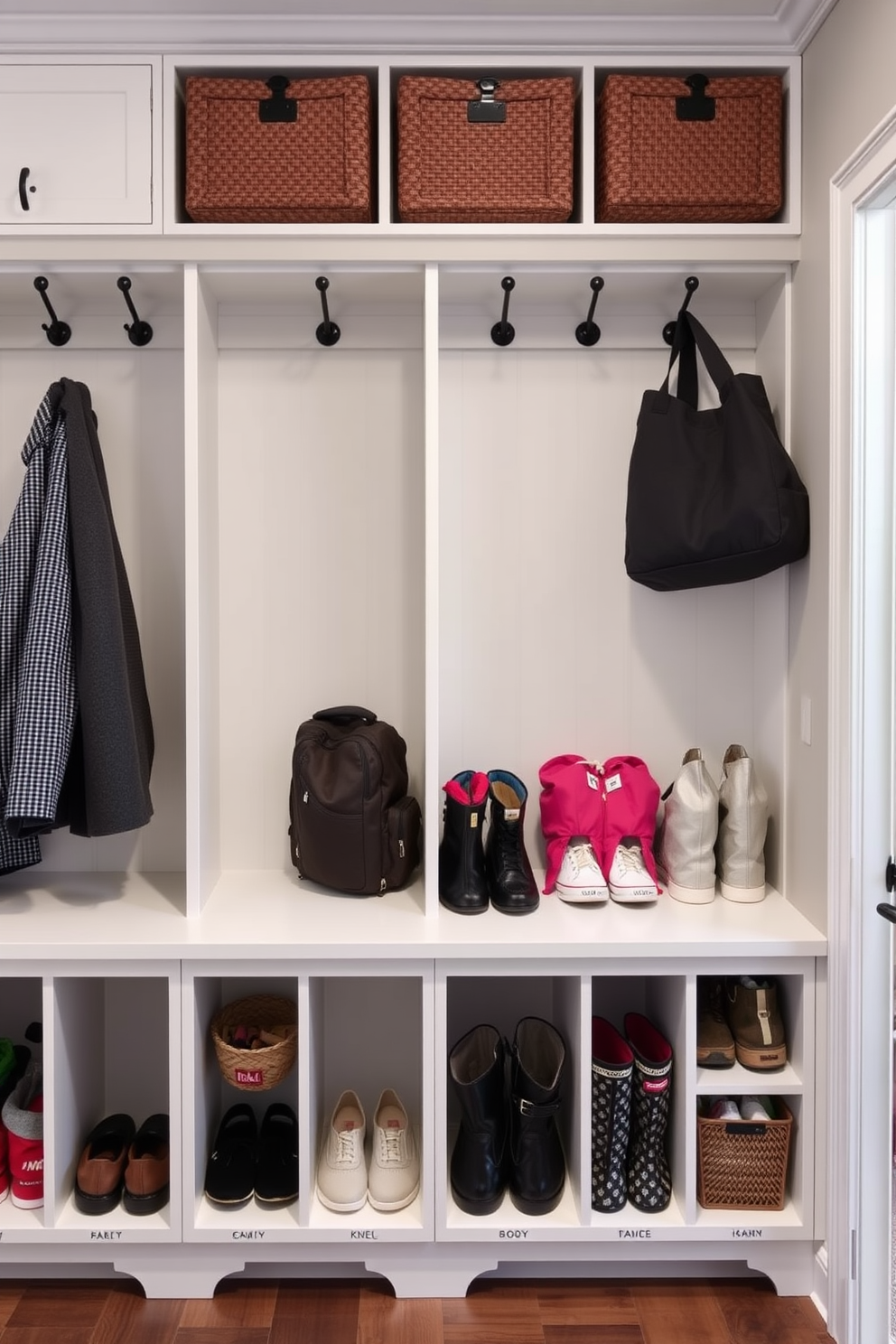 A functional mudroom featuring built-in cubbies for organized family gear. Each cubby is labeled with family members' names, and there are hooks above for hanging coats and bags.