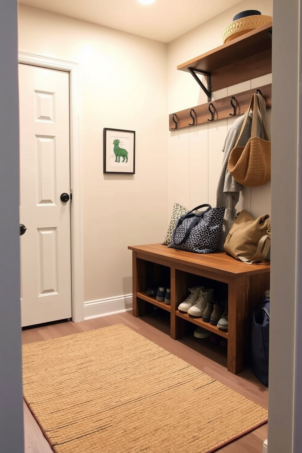 A cozy mudroom features a small, textured rug that adds warmth to the space. The walls are painted in a soft, inviting color, and there's a bench with storage underneath for shoes and bags.