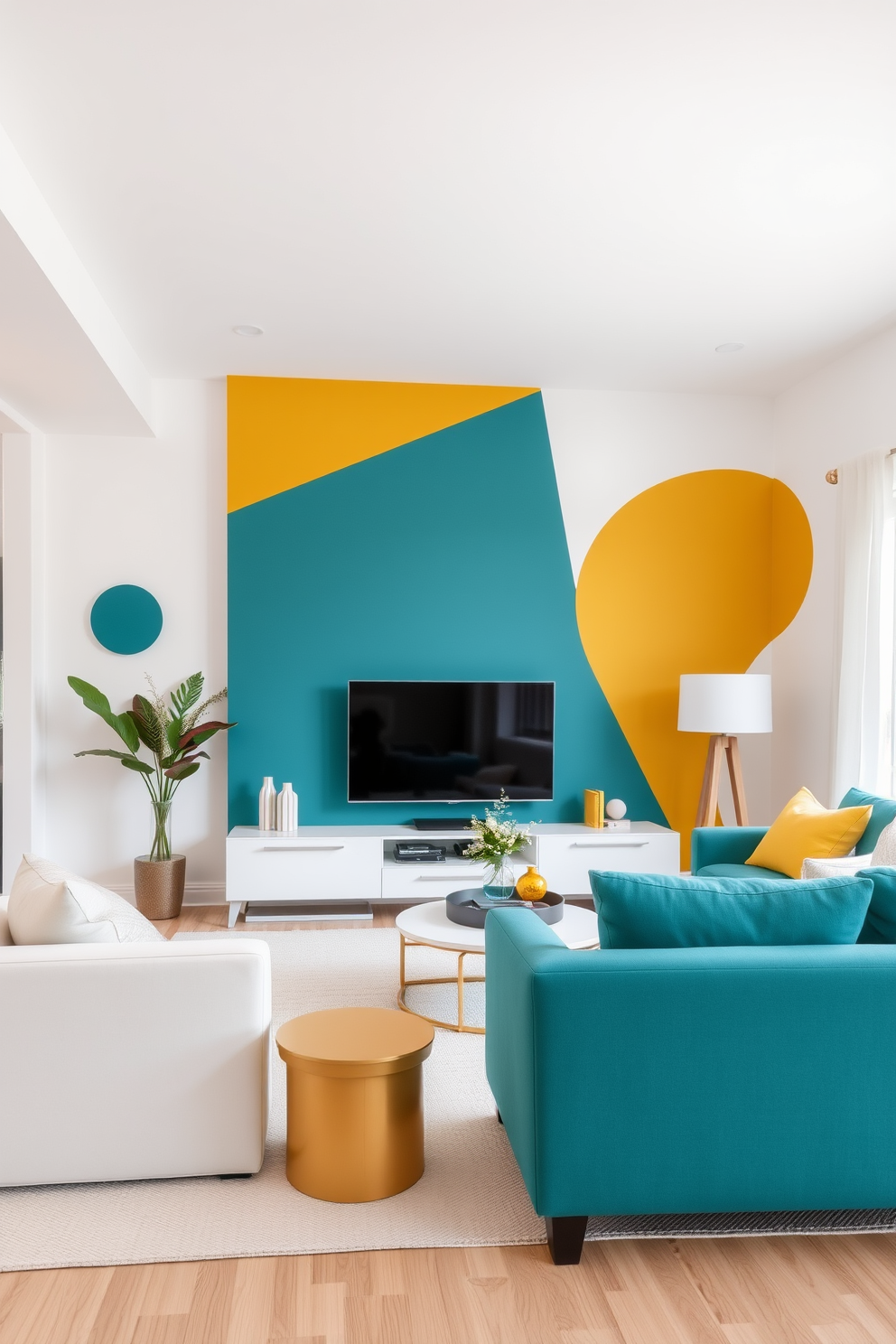 A living room featuring a solid color accent wall that adds depth and warmth to the space. The opposite wall showcases simple wall painting designs that enhance the overall aesthetic without overwhelming the room.