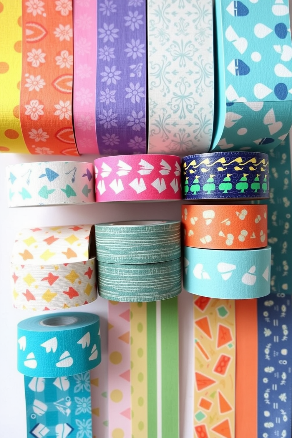 A collection of colorful washi tape patterns is arranged in a playful display. Each pattern features unique designs that can be easily applied to walls or furniture for a fun and creative touch. Simple wall painting designs for the living room include soft geometric shapes in calming colors. These designs create an inviting atmosphere while adding a modern flair to the space.