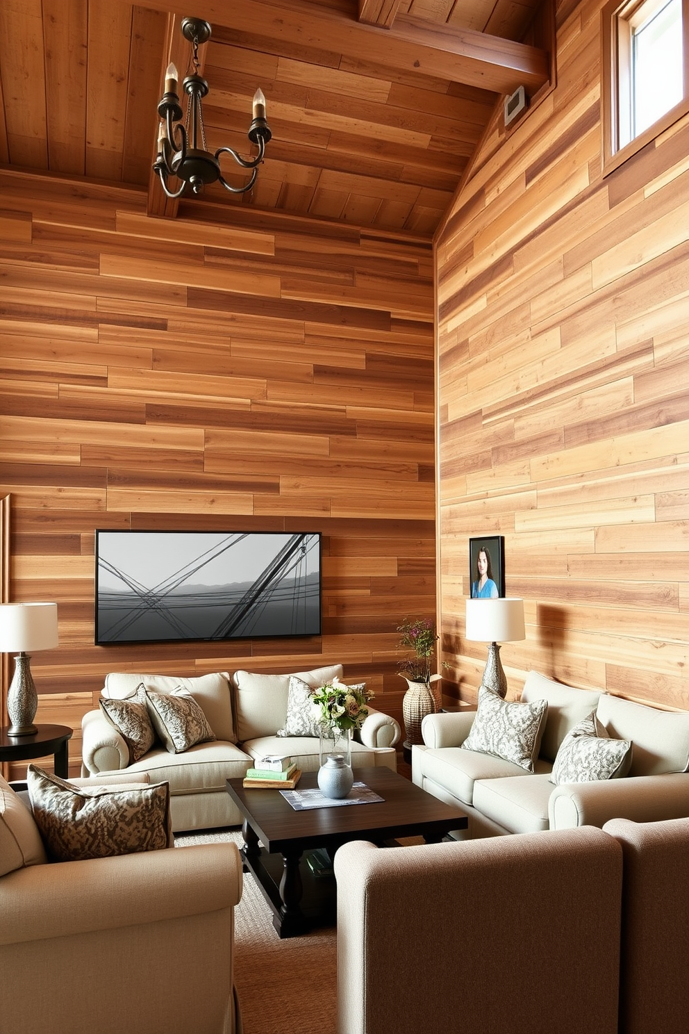 A cozy living room adorned with rustic wood paneling that brings warmth and character to the space. The walls are complemented by simple wall painting designs that add a touch of elegance without overwhelming the natural textures. The wooden beams across the ceiling enhance the rustic charm while providing a sense of openness. Soft, neutral furniture pieces create a comfortable seating area, inviting relaxation and conversation.