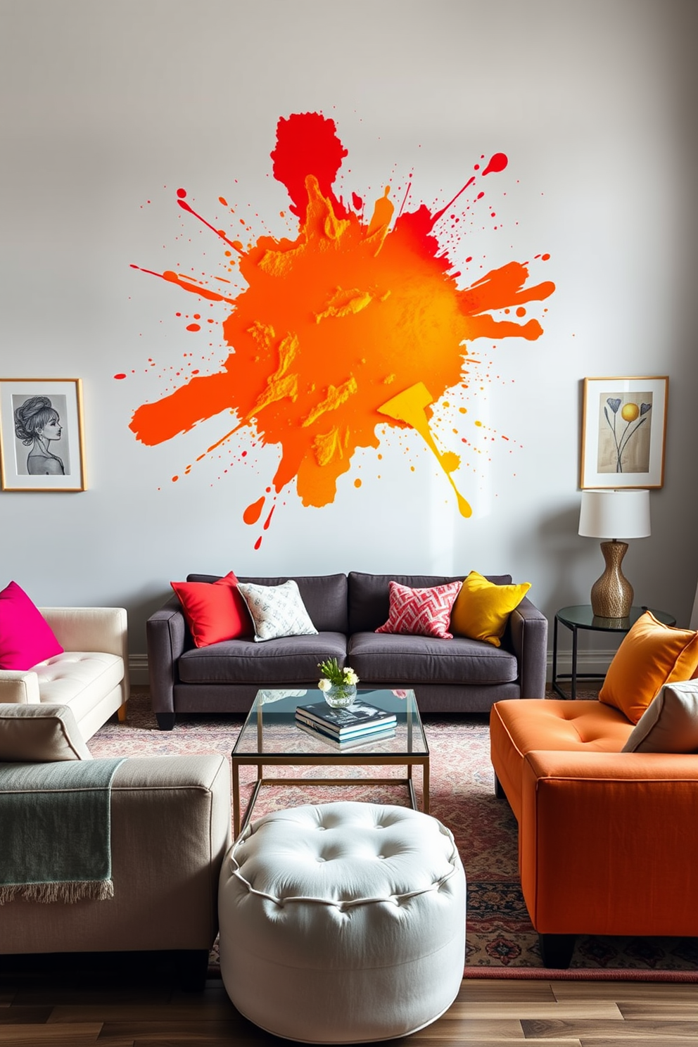 A vibrant living room adorned with colorful abstract art splashes across the walls, creating a lively and dynamic atmosphere. The artwork is complemented by simple wall painting designs that enhance the overall aesthetic without overwhelming the space. The furniture is arranged to foster conversation, featuring a plush sofa in a neutral tone paired with bold accent pillows. A sleek coffee table sits in the center, surrounded by a cozy area rug that ties the room together.