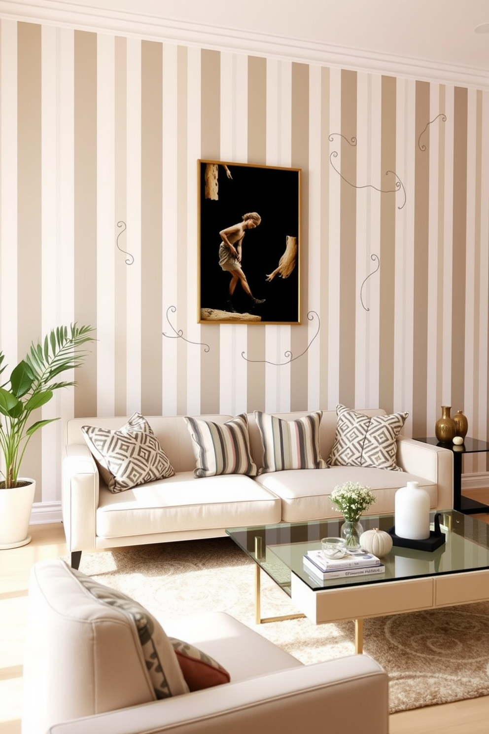 A living room with vertical stripes on the walls creates an illusion of height and spaciousness. The stripes are in a soft color palette that complements the furniture and decor. The wall features simple painting designs that add a touch of elegance without overwhelming the space. These designs are subtle yet stylish, enhancing the overall aesthetic of the living room.