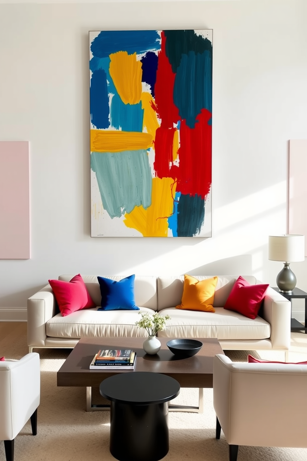 A vibrant living room featuring a large abstract painting with bold brush strokes in shades of blue, red, and yellow. The artwork is the focal point above a sleek, modern sofa in neutral tones, complemented by colorful throw pillows. The walls are adorned with simple yet elegant wall painting designs, utilizing soft pastel colors to create a calming atmosphere. A minimalist coffee table sits in front of the sofa, surrounded by stylish accent chairs that enhance the overall aesthetic.