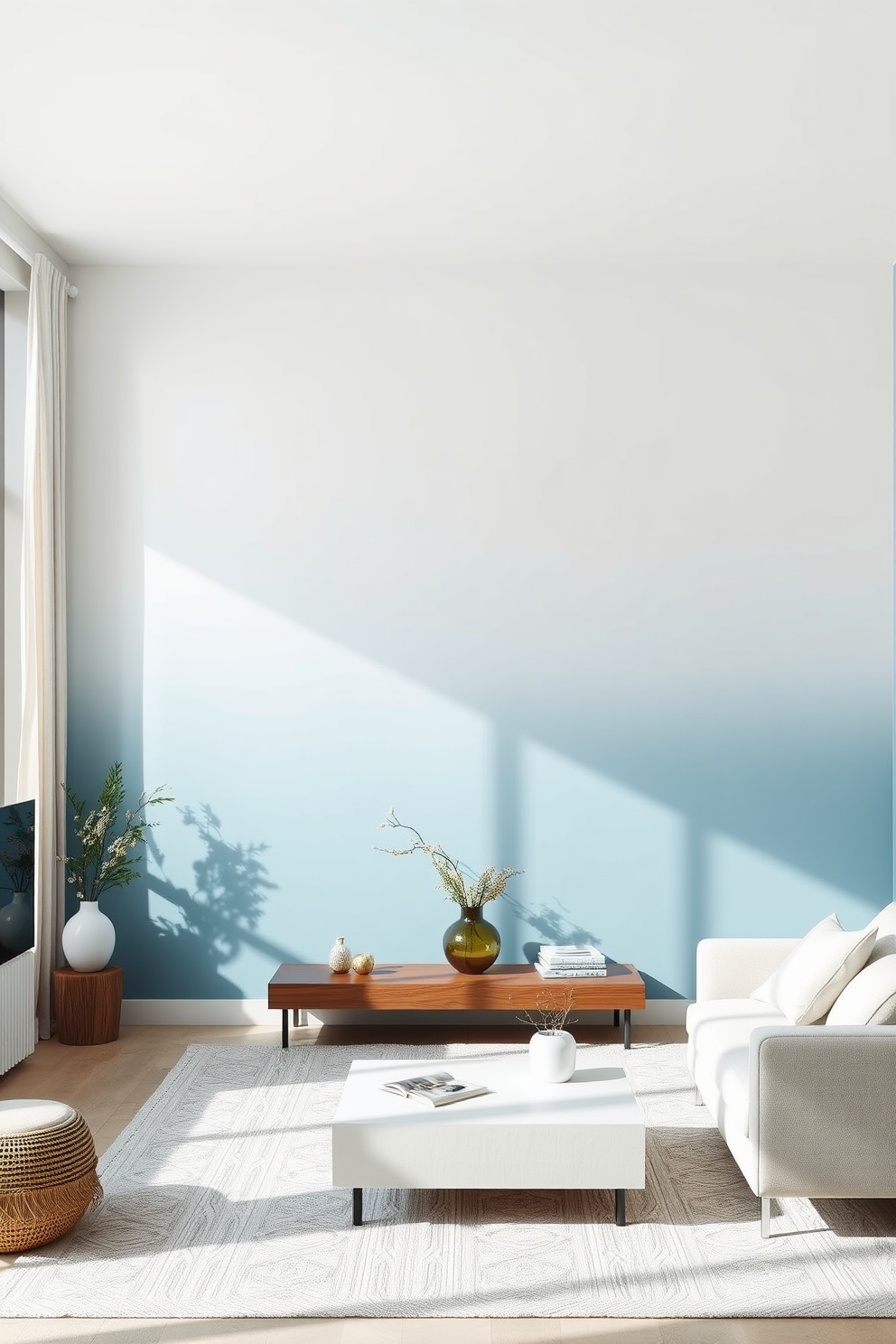 A soft gradient transitions from light blue to soft white, creating a serene atmosphere in the living room. The walls feature simple yet elegant painting designs that enhance the calming effect of the space. The living room is adorned with minimalist decor, allowing the gradient to be the focal point. Natural light floods the area, highlighting the subtle textures of the wall paintings.