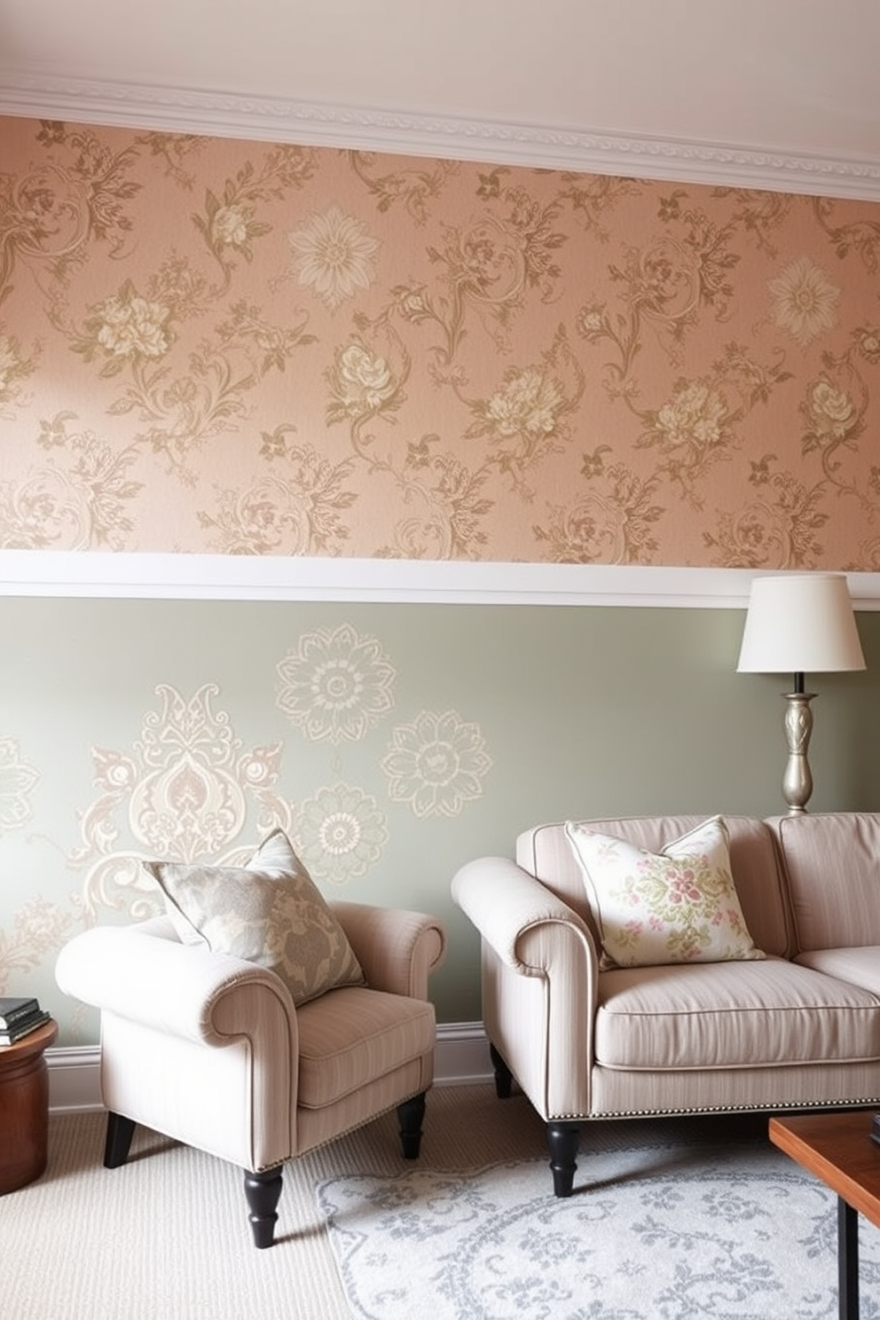 Vintage wallpaper for a classic feel. The intricate floral patterns in soft pastels create an inviting atmosphere, while the textured surface adds depth and character to the room. Simple wall painting designs for living room. A subtle two-tone color scheme enhances the space, with one wall featuring a bold accent color that complements the neutral tones of the furniture.