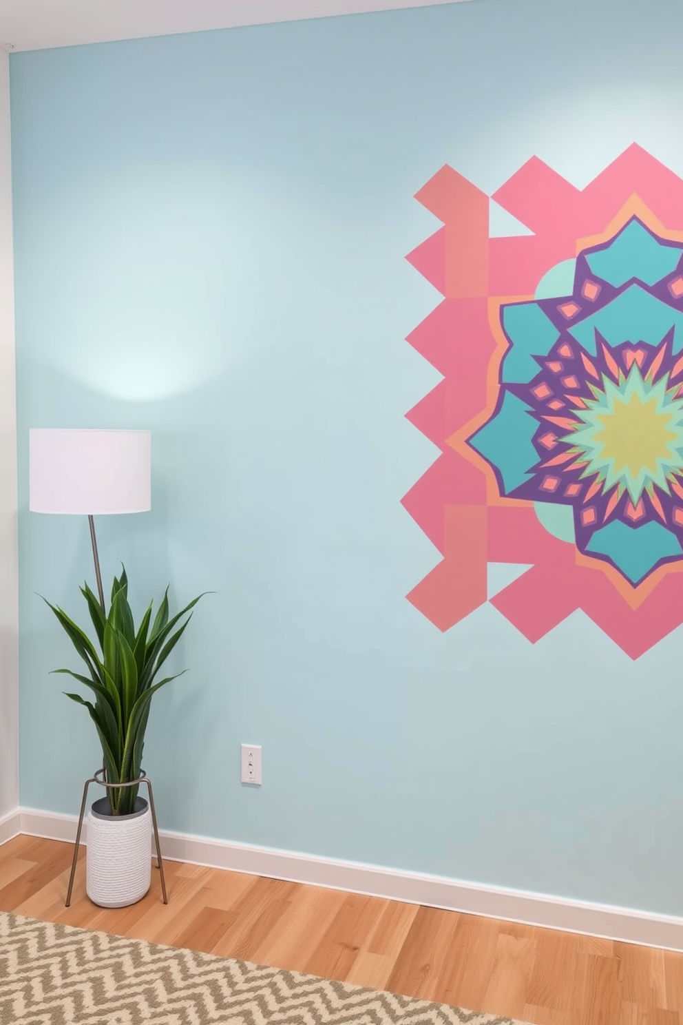 Accent wall with removable decals. The wall features a bold geometric pattern in vibrant colors, creating a focal point in the room. Simple wall painting designs for living room. Soft pastel hues blend seamlessly, enhancing the cozy ambiance while providing a fresh and inviting atmosphere.