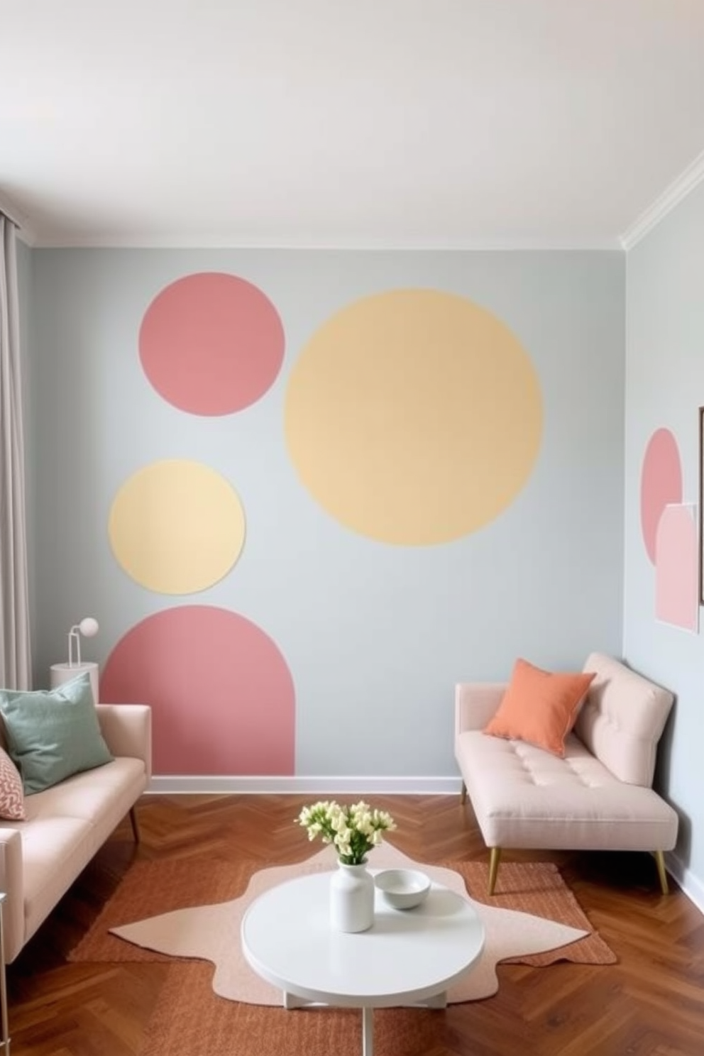 A modern living room featuring a geometric pattern created with painter's tape on a large accent wall. The design incorporates bold colors that contrast beautifully with the surrounding neutral tones, creating a striking focal point. Simple wall painting designs adorn another section of the living room, showcasing soft hues and minimalist shapes. These designs enhance the space's overall aesthetic while maintaining a sense of tranquility and elegance.