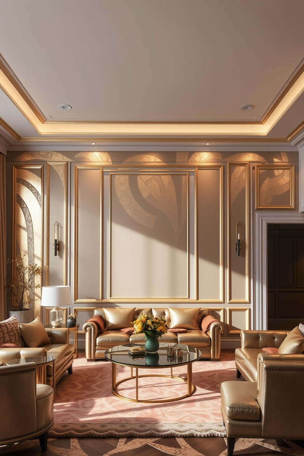 A luxurious living room featuring metallic paint that shimmers in the light, creating an opulent atmosphere. The walls are adorned with simple yet elegant wall painting designs that enhance the overall sophistication of the space.