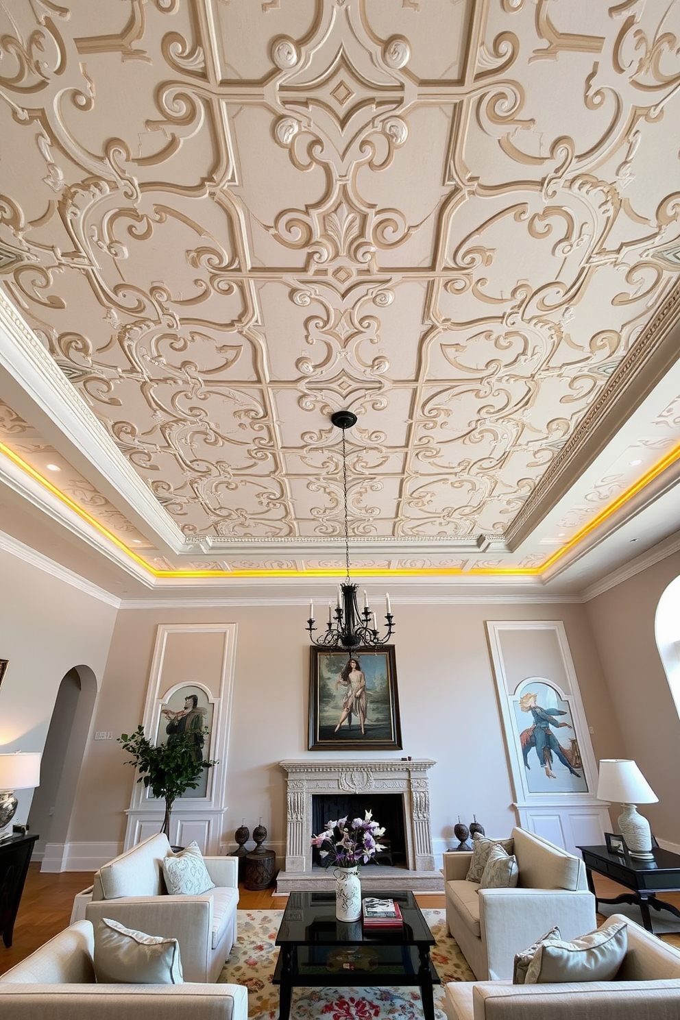 A stunning living room with a painted ceiling featuring intricate patterns in soft hues that create a dramatic focal point. The walls are adorned with simple yet elegant painting designs that complement the overall aesthetic and enhance the inviting atmosphere.