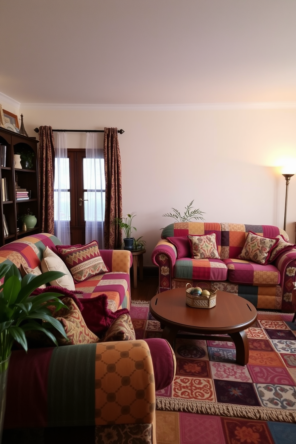 A cozy living room adorned with patchwork patterns. The furniture features an array of colorful textiles, creating a warm and inviting atmosphere. Simple wall painting designs enhance the charm of the living room. Soft pastel colors are used to create subtle geometric shapes that add depth and interest to the space.