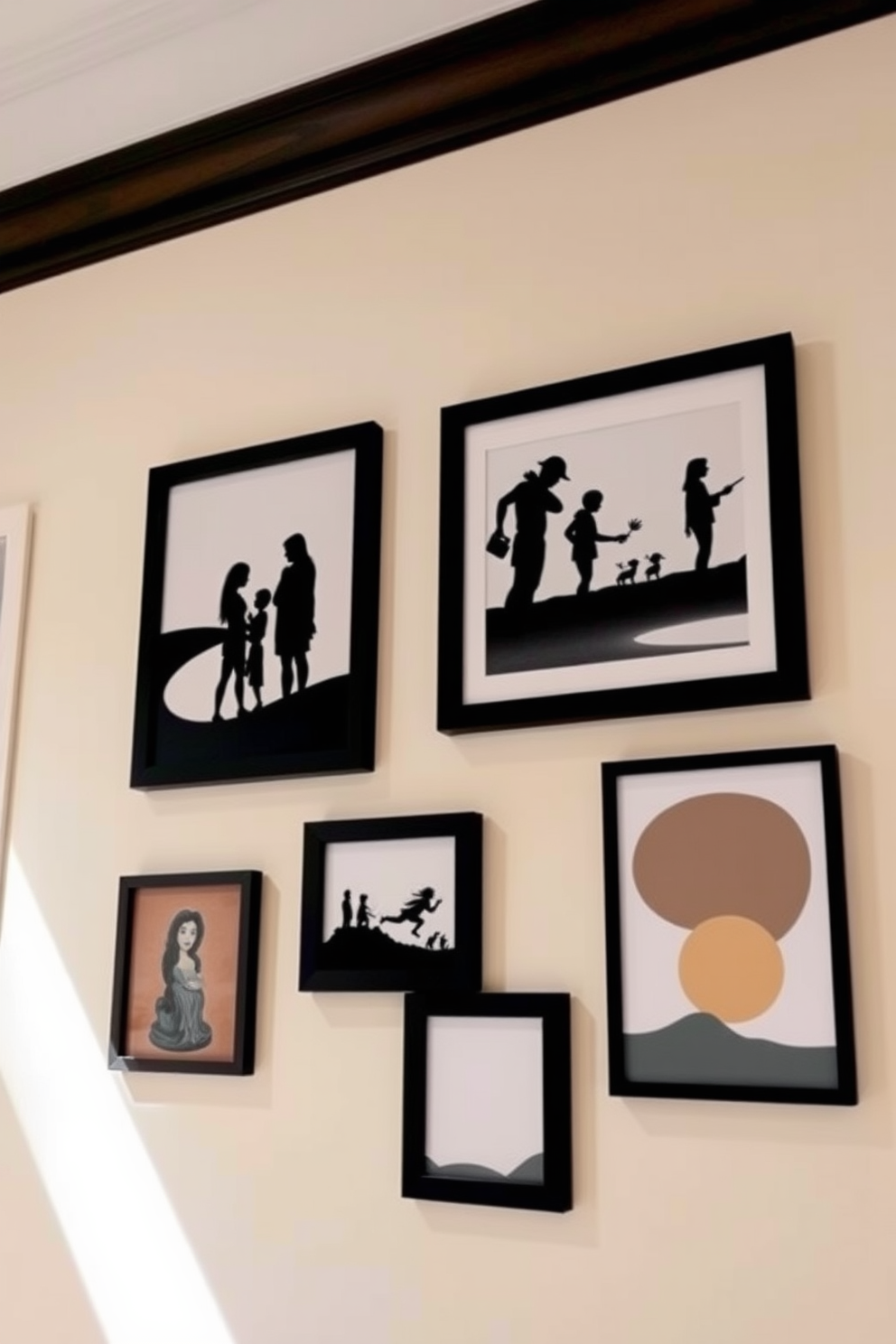 A collection of silhouette art pieces adorns the wall, each depicting a different scene that reflects personal memories and experiences. The art is framed in sleek black frames, creating a striking contrast against the soft beige wall. Simple wall painting designs in the living room feature geometric shapes in calming colors, enhancing the room's modern aesthetic. The designs are strategically placed to draw the eye and create a sense of flow throughout the space.