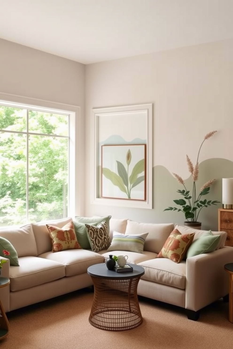 A serene living room setting inspired by nature featuring a color palette of soft greens, muted blues, and earthy browns. The walls are adorned with simple wall painting designs that evoke a sense of tranquility and connection to the outdoors. The space includes a comfortable sofa in a light beige fabric complemented by nature-inspired throw pillows. Large windows allow natural light to flood the room, enhancing the calming atmosphere with views of lush greenery outside.