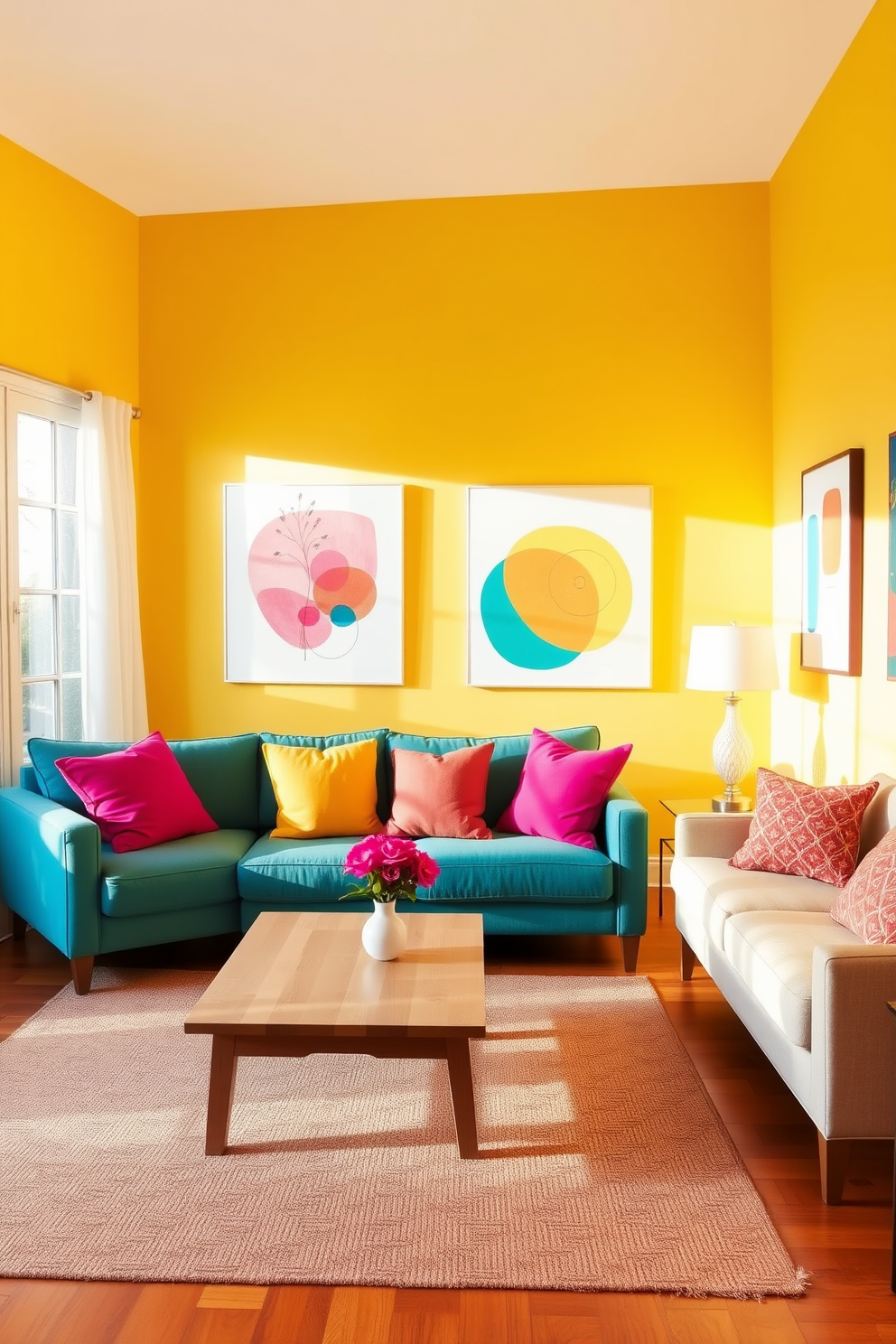 A cheerful living room filled with radiant colors. The walls are painted in a bright yellow shade, and colorful abstract art pieces are displayed throughout the space. The furniture features a comfortable teal sofa with vibrant throw pillows. A light wooden coffee table sits in front, surrounded by a cheerful patterned rug. Simple wall painting designs enhance the living room's charm. A soft white background showcases geometric shapes in pastel colors, creating a modern yet inviting atmosphere. Natural light floods the room through large windows, highlighting the elegant simplicity of the decor. The overall ambiance is warm and welcoming, perfect for relaxation and gatherings.