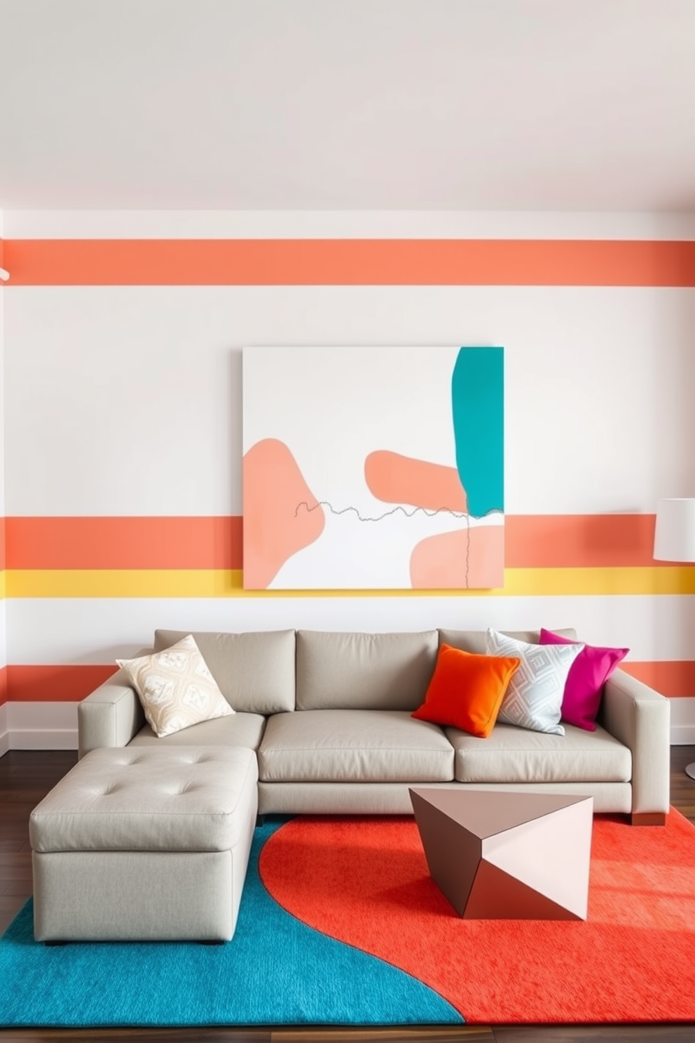 A modern living room featuring stripes on the walls in a bold color palette. The furniture is minimalist with a sleek sofa and geometric coffee table, complemented by vibrant throw pillows. Simple wall painting designs incorporate soft pastel colors and abstract shapes. A large canvas artwork hangs above the sofa, enhancing the contemporary aesthetic of the space.