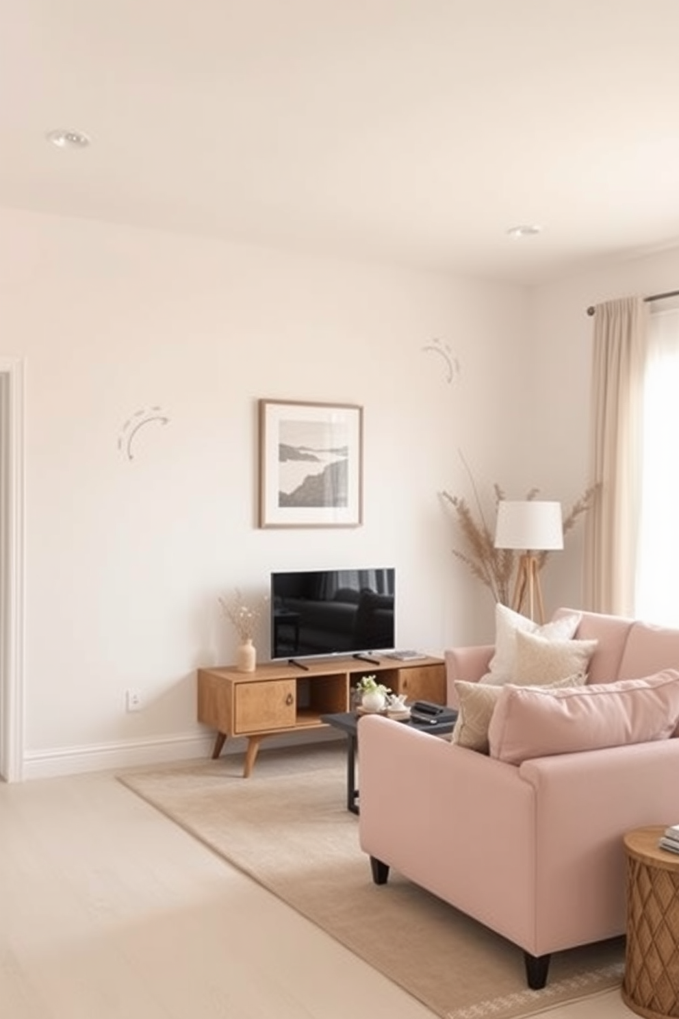 A serene living room with pastel colors creating a soothing atmosphere. The walls are adorned with simple wall painting designs that complement the soft color palette.