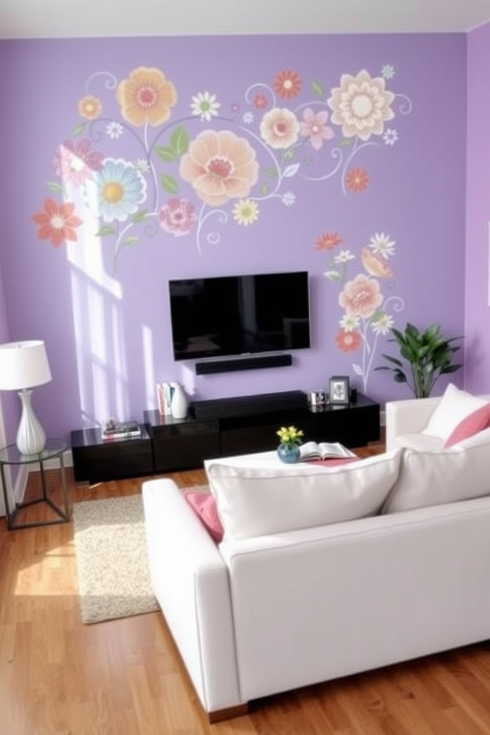 Floral stencils adorn the walls, creating a fresh and vibrant atmosphere in the living room. The stencils feature a variety of colorful blooms that enhance the room's natural light and add a touch of elegance. Simple wall painting designs incorporate soft pastel hues to create a calming effect in the living room. Geometric shapes are subtly blended to add depth and interest without overwhelming the space.