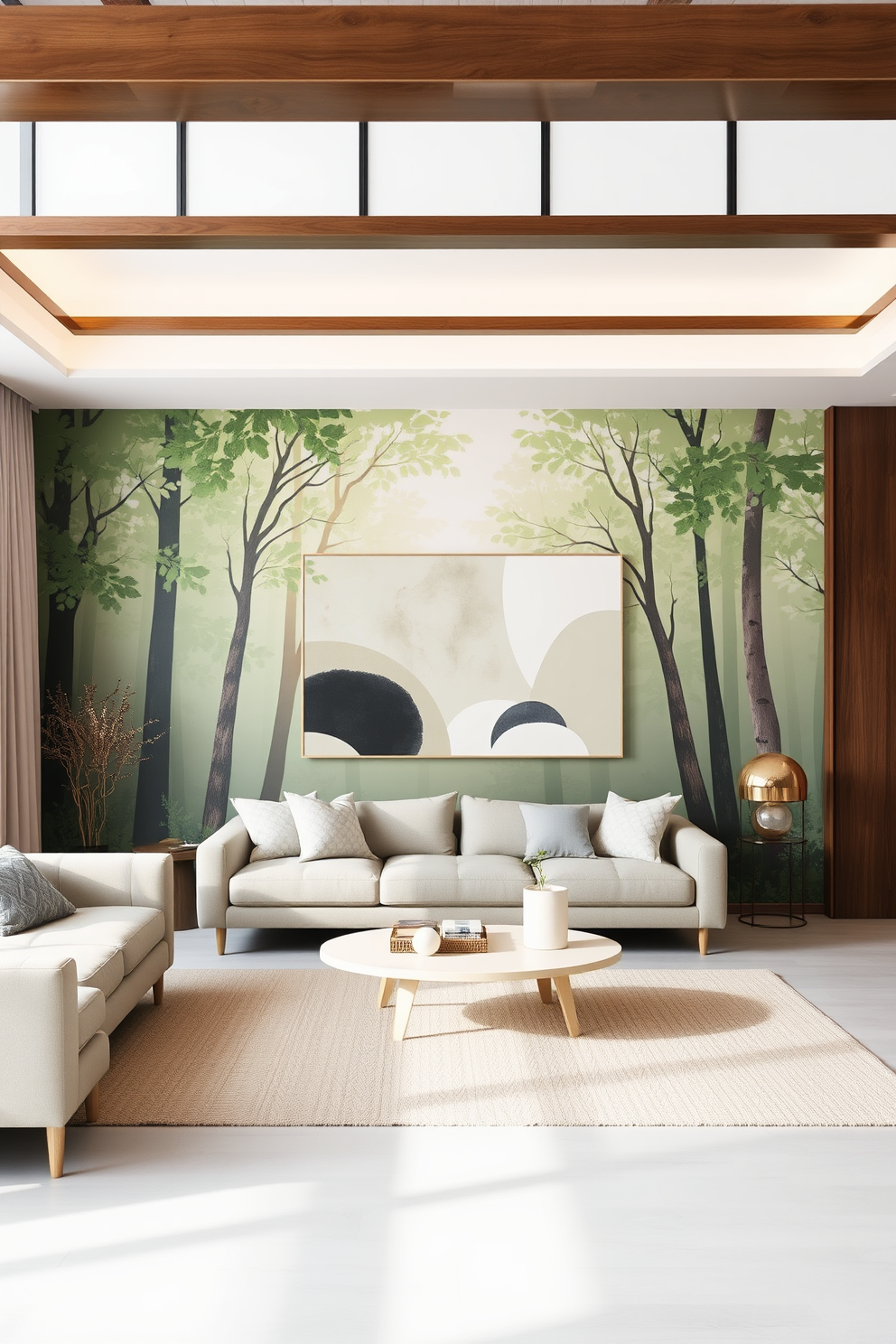 A tranquil living room adorned with a nature-inspired mural depicting a serene forest scene. The mural features soft greens and browns, creating a calming atmosphere that invites relaxation. A minimalist wall painting design that complements the living room's decor. The painting consists of abstract shapes in muted colors, adding a touch of elegance without overwhelming the space.