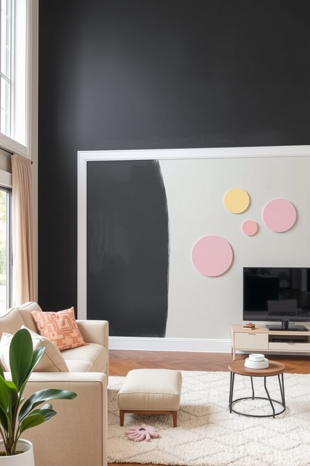 A living room adorned with chalkboard paint on one accent wall invites creativity and interaction. The black surface is framed by bright white trim, creating a striking contrast that encourages artistic expression. Simple wall painting designs in soft pastel colors enhance the tranquil atmosphere of the living room. Geometric shapes in varying sizes are painted in a harmonious palette, adding a playful yet sophisticated touch to the space.