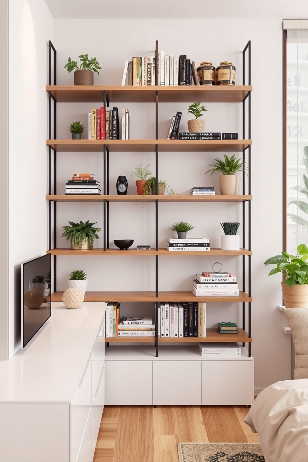 A small one bedroom apartment features tall shelves that maximize vertical storage, creating an organized and spacious feel. The shelves are made of light wood and are filled with books, plants, and decorative items, drawing the eye upward and enhancing the room's height. The living area includes a cozy sofa that complements the shelves, situated near a large window that allows natural light to flood the space. A compact coffee table sits in front of the sofa, adorned with a stylish centerpiece that adds a touch of elegance to the room.