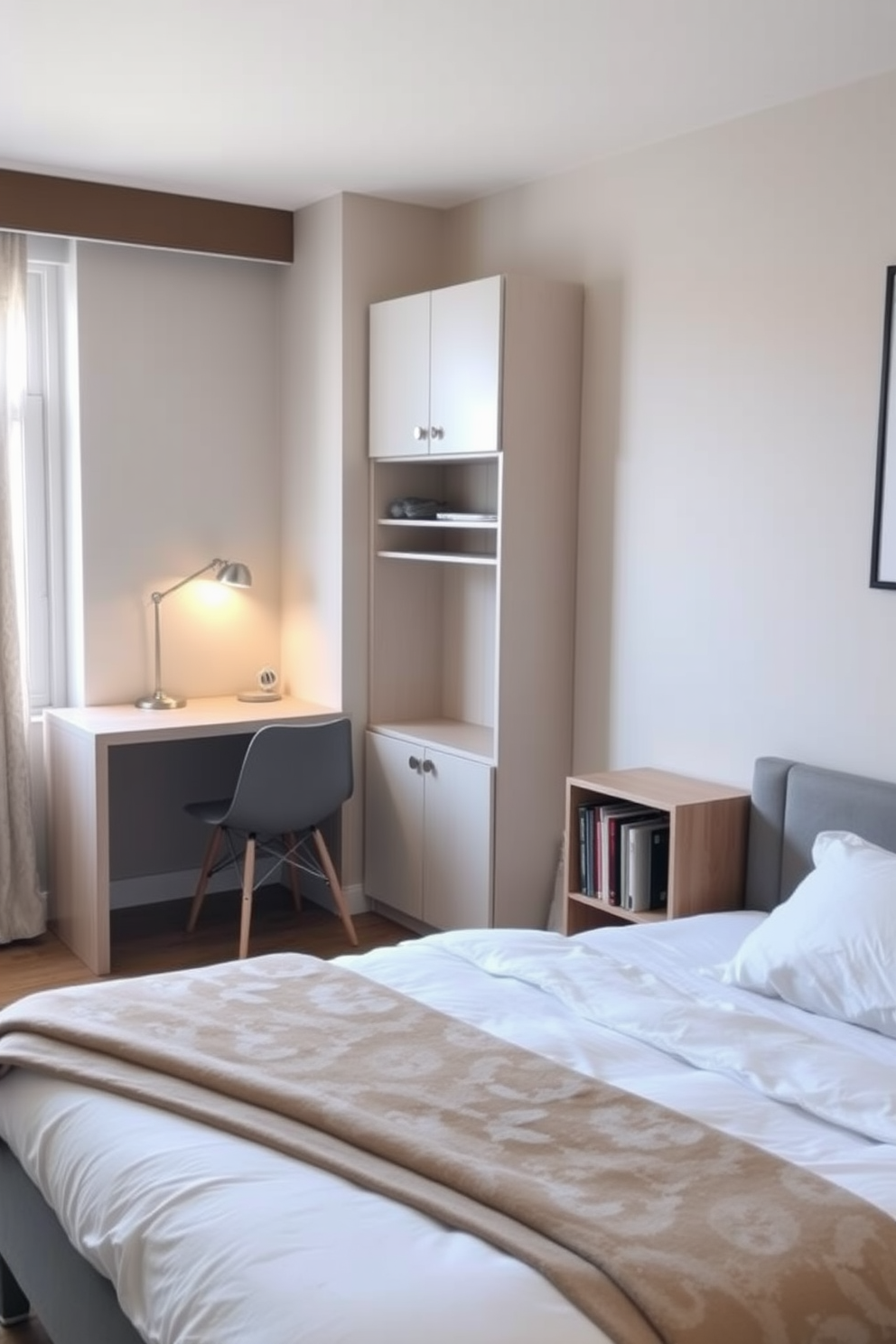 A cozy one-bedroom apartment featuring a small desk integrated into the living area. The desk is positioned near a window, allowing natural light to illuminate the workspace, with a stylish chair that complements the overall decor. The bedroom showcases a comfortable bed with soft linens and a decorative throw. A compact bookshelf stands beside the bed, providing storage for books and personal items while maintaining a clean and organized look.