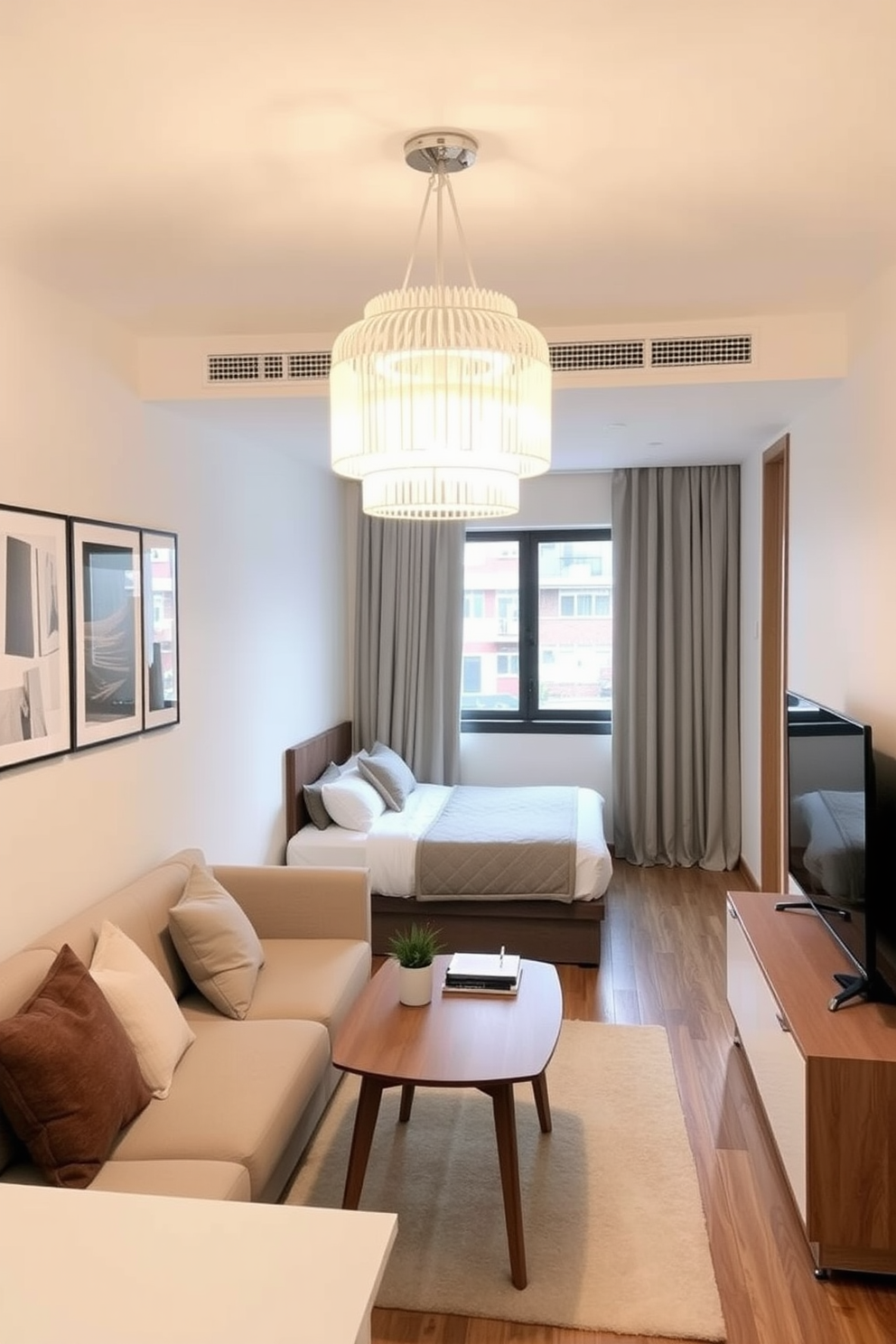 A small one-bedroom apartment featuring a cozy living area with a statement light fixture that hangs elegantly from the ceiling. The space is designed with a modern aesthetic, incorporating a soft color palette and multifunctional furniture to maximize comfort and style.