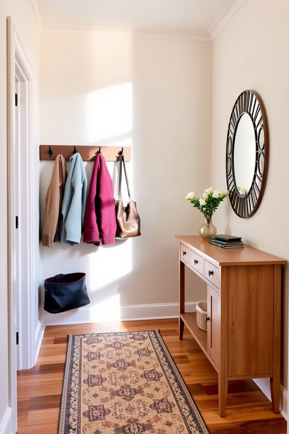 A cozy entryway featuring a wall-mounted rack with hooks for coats and bags. The floor is adorned with a stylish runner rug that complements the overall color scheme of the small one-bedroom apartment. The walls are painted in a soft, welcoming hue that enhances natural light. A small console table with a decorative mirror above it adds functionality and charm to the space.