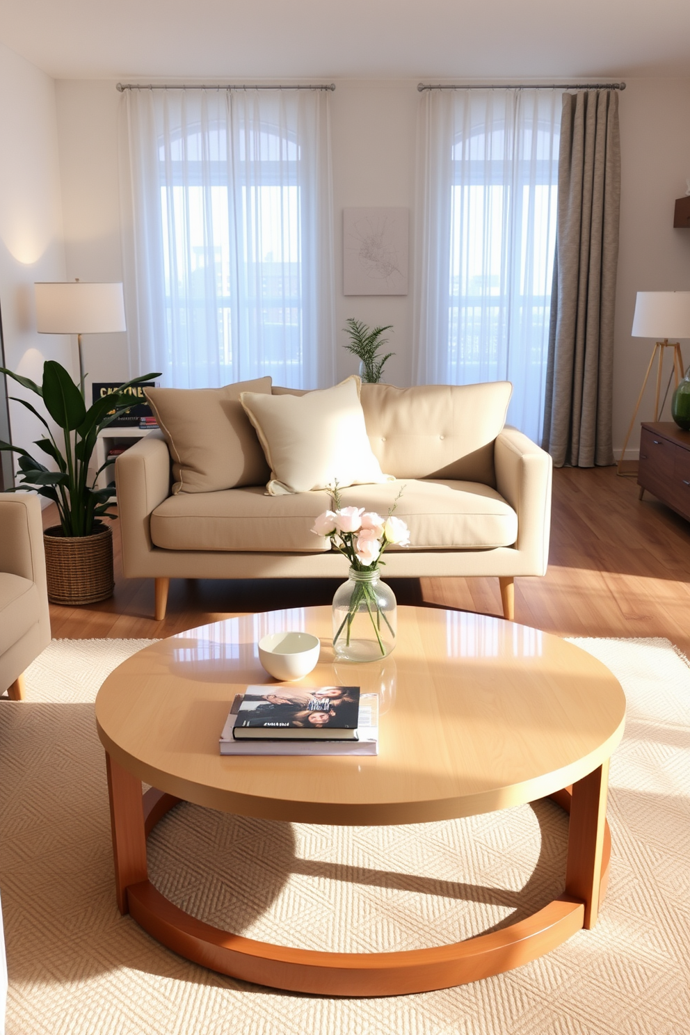 A cozy dining area features a small round table with a sleek wooden finish surrounded by two upholstered chairs in a soft gray fabric. Above the table, a modern pendant light casts a warm glow, enhancing the inviting atmosphere of the space. The one-bedroom apartment design maximizes functionality with an open-concept layout. The living area seamlessly flows into the kitchen, showcasing a compact island that doubles as a breakfast bar with stylish stools.