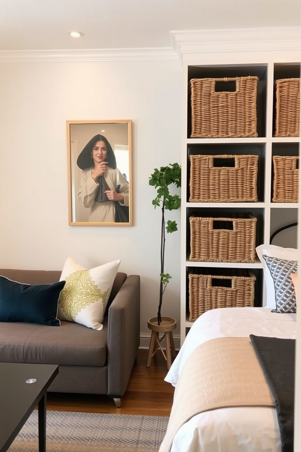 A cozy small one bedroom apartment featuring stylish storage solutions using woven baskets. The living area includes a compact sofa and a coffee table, while the bedroom showcases a neatly made bed with decorative pillows.