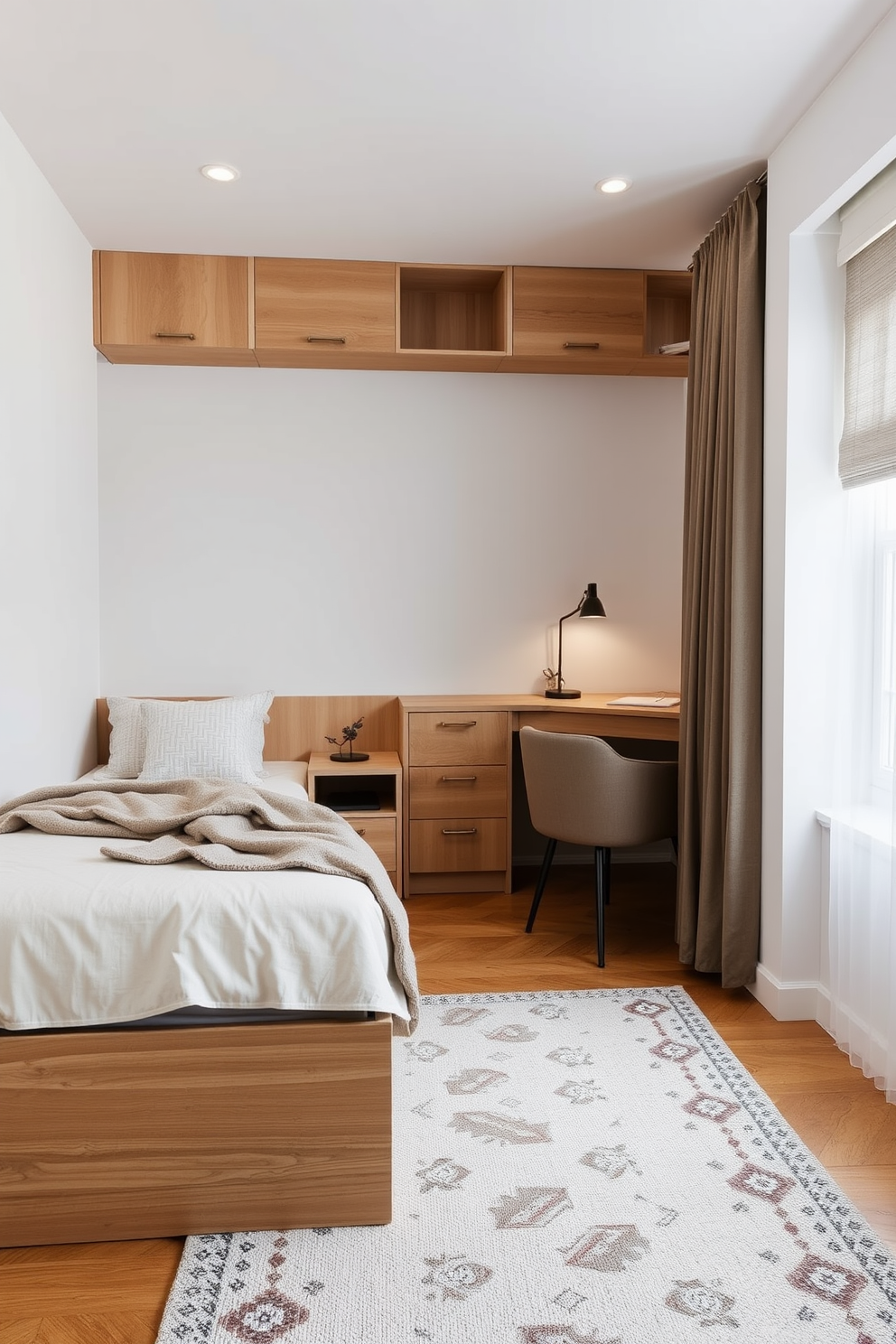 A cozy small bedroom featuring a bed with built-in storage underneath. The walls are painted in a soft pastel hue, and a compact nightstand sits beside the bed with a small lamp on top. The room includes a functional workspace with a minimalist desk and a comfortable chair positioned by the window. A stylish area rug anchors the space, adding warmth and texture to the design.