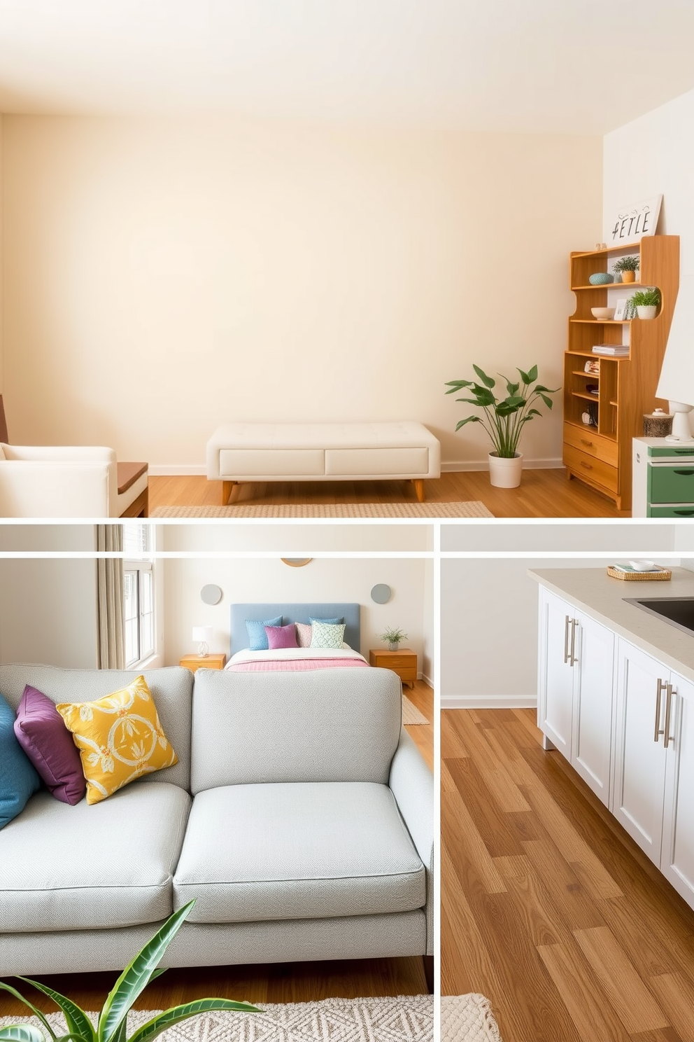 Create a cohesive color palette throughout a small one bedroom apartment. The living area features soft beige walls complemented by a light gray sofa adorned with colorful throw pillows. In the bedroom, a muted pastel color scheme enhances the serene atmosphere with a light blue accent wall behind the bed. The wooden furniture pieces are finished in a warm oak tone, harmonizing with the overall palette. The kitchen incorporates white cabinetry with subtle green accents, providing a fresh and inviting feel. Decorative elements like plants and artwork add personality while maintaining the cohesive color theme.