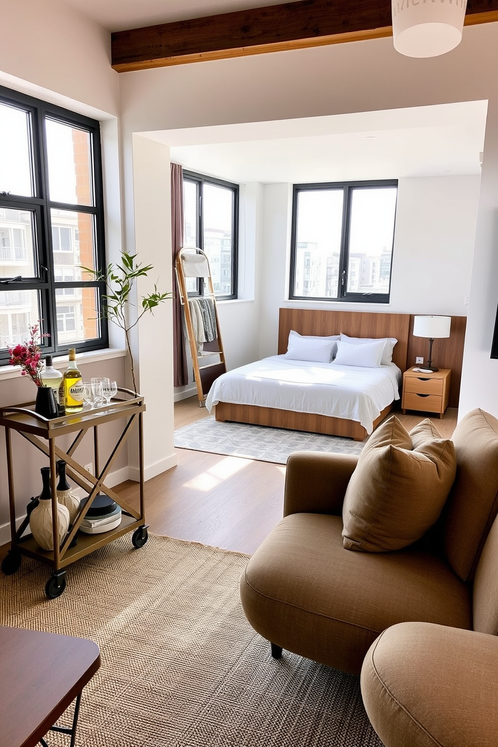 A small one bedroom apartment designed in a cohesive color palette of soft grays and warm whites. The living area features a compact sofa adorned with textured throw pillows and a minimalist coffee table that complements the overall aesthetic. The bedroom includes a queen-sized bed dressed in crisp white linens with a light gray throw blanket. A small bedside table holds a stylish lamp, and a wall-mounted shelf displays curated decor items, enhancing the space's charm.