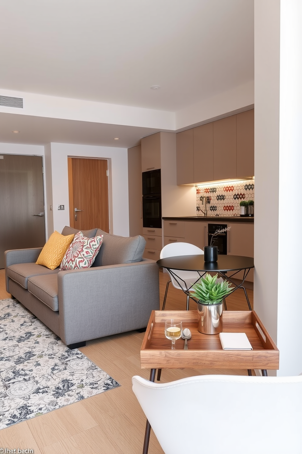 A cozy small one-bedroom apartment featuring a compact entryway with modern hooks for easy coat storage. The living area is designed with a multifunctional sofa that converts into a bed, complemented by a sleek coffee table and warm lighting.