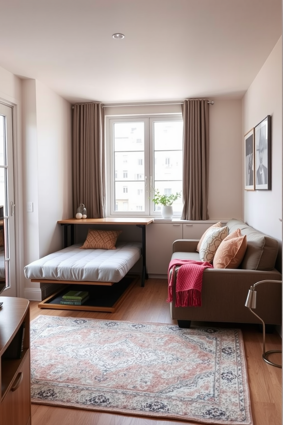 A small one-bedroom apartment design that maximizes corner spaces for additional storage. The living area features a stylish corner bookshelf filled with books and decorative items, while a compact desk fits snugly into another corner, creating a functional workspace without sacrificing style.