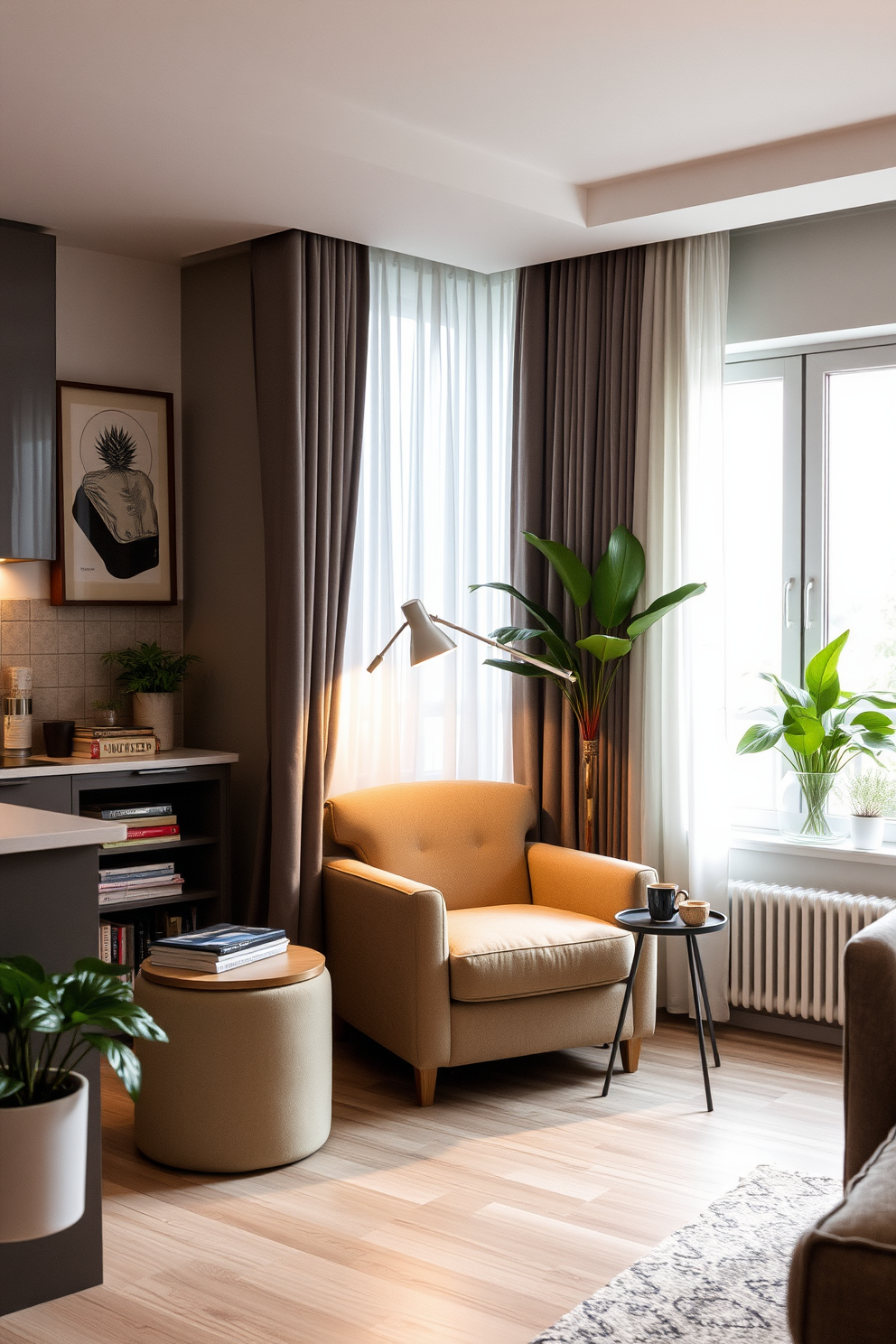 A cozy reading nook by the window features a plush armchair upholstered in soft fabric, accompanied by a small side table for books and beverages. Natural light pours in through sheer curtains, illuminating a small bookshelf filled with favorite novels and a decorative lamp for evening reading. The small one-bedroom apartment design incorporates an open layout that maximizes space, with a modern kitchen seamlessly flowing into the living area. Neutral tones dominate the color palette, accented by vibrant artwork and indoor plants that add life and warmth to the compact living space.