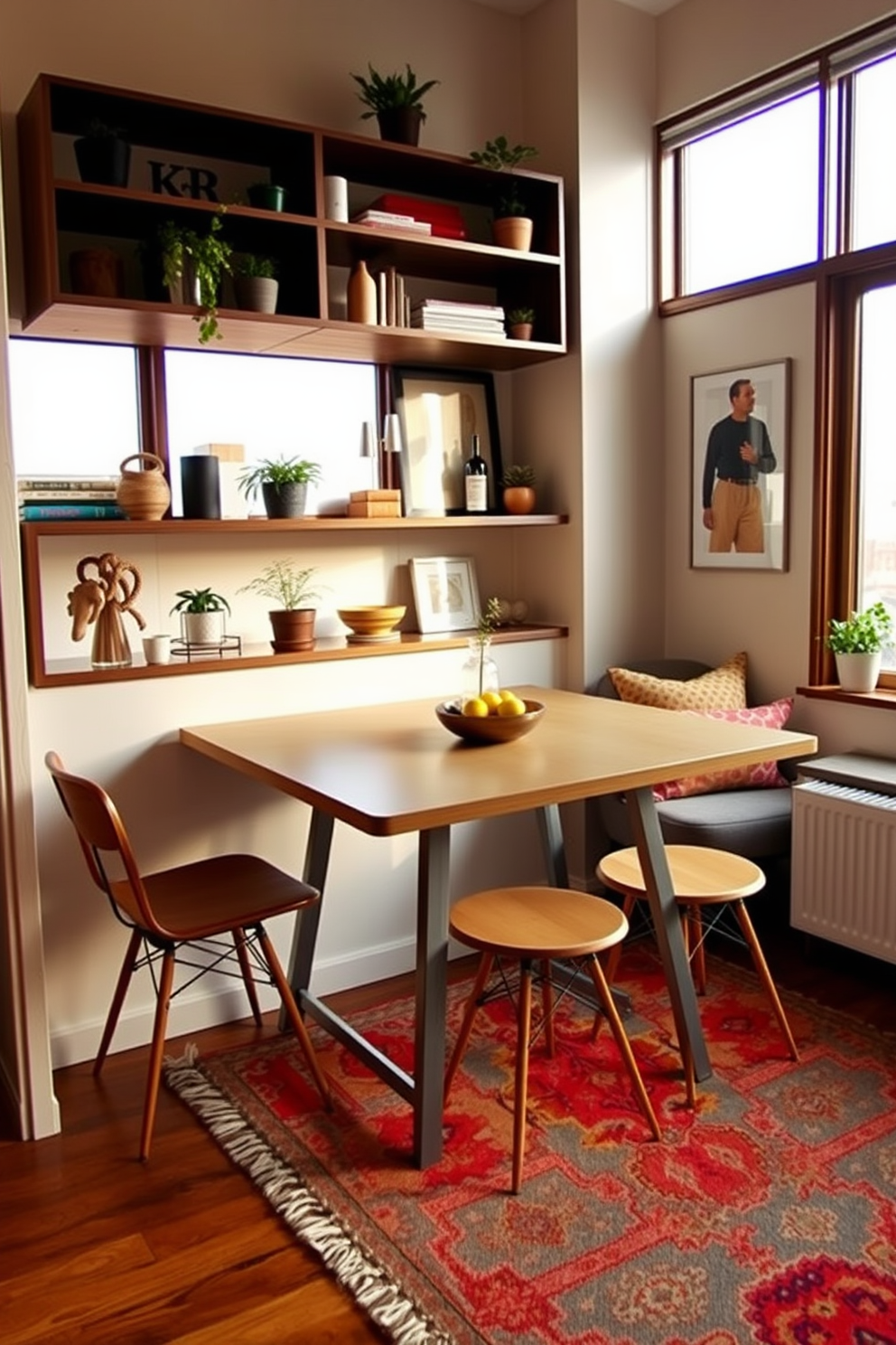 A cozy small one-bedroom apartment features a fold-out dining table that can be easily extended for entertaining guests. The table is set against a wall with stylish shelving above, showcasing decorative items and plants. The living area combines functionality and comfort with a compact sofa and a vibrant area rug. Large windows allow natural light to flood the space, enhancing the warm color palette of the furniture and decor.