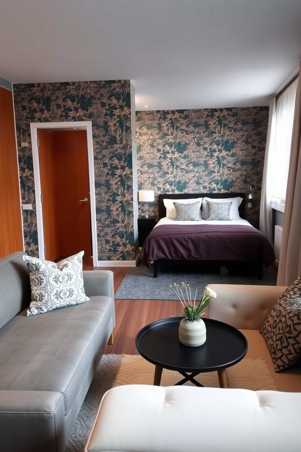 A cozy small one bedroom apartment featuring removable wallpaper that adds a splash of color and personality to the space. The living area includes a compact sofa and a stylish coffee table, while the bedroom showcases a comfortable bed with decorative pillows and a bedside table.