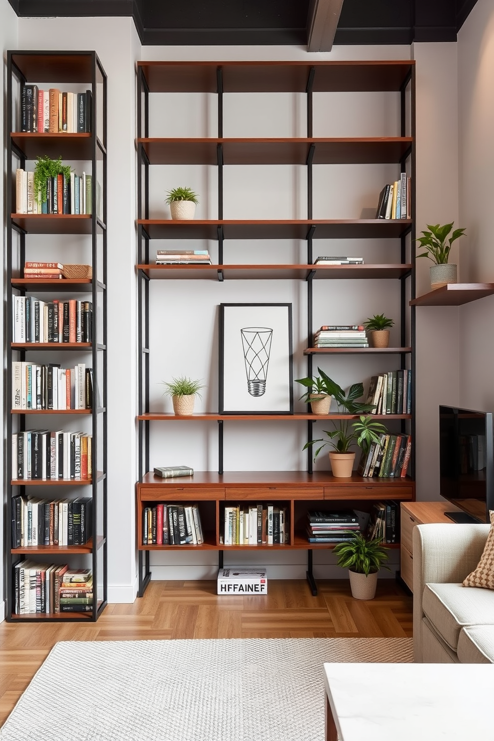 Maximize vertical space with shelves in a small apartment design. Create an open layout that incorporates tall bookshelves and floating shelves to enhance storage and display options. Utilize light colors for the walls and furniture to make the space feel larger and more inviting. Add greenery with potted plants on the shelves to bring life and freshness to the room.