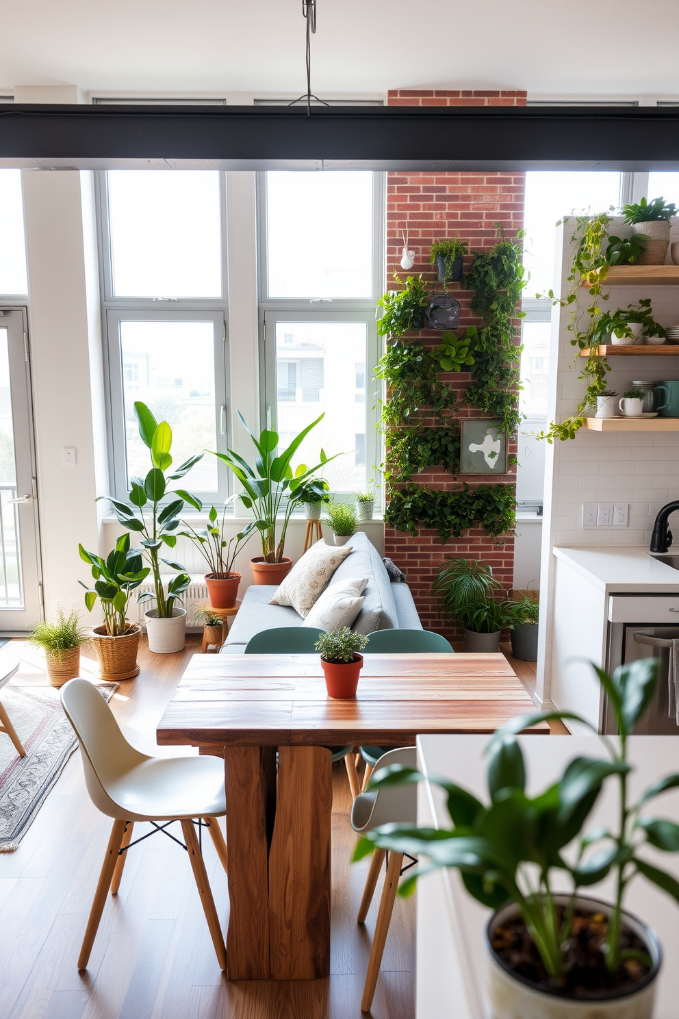 A cozy small apartment design featuring a bright living area with large windows that allow natural light to flood in. Potted plants are strategically placed throughout the space, adding a fresh and vibrant touch to the decor. The open-plan kitchen includes a compact dining table made of reclaimed wood, surrounded by stylish chairs. A vertical garden wall enhances the kitchen area, providing both greenery and a unique focal point.